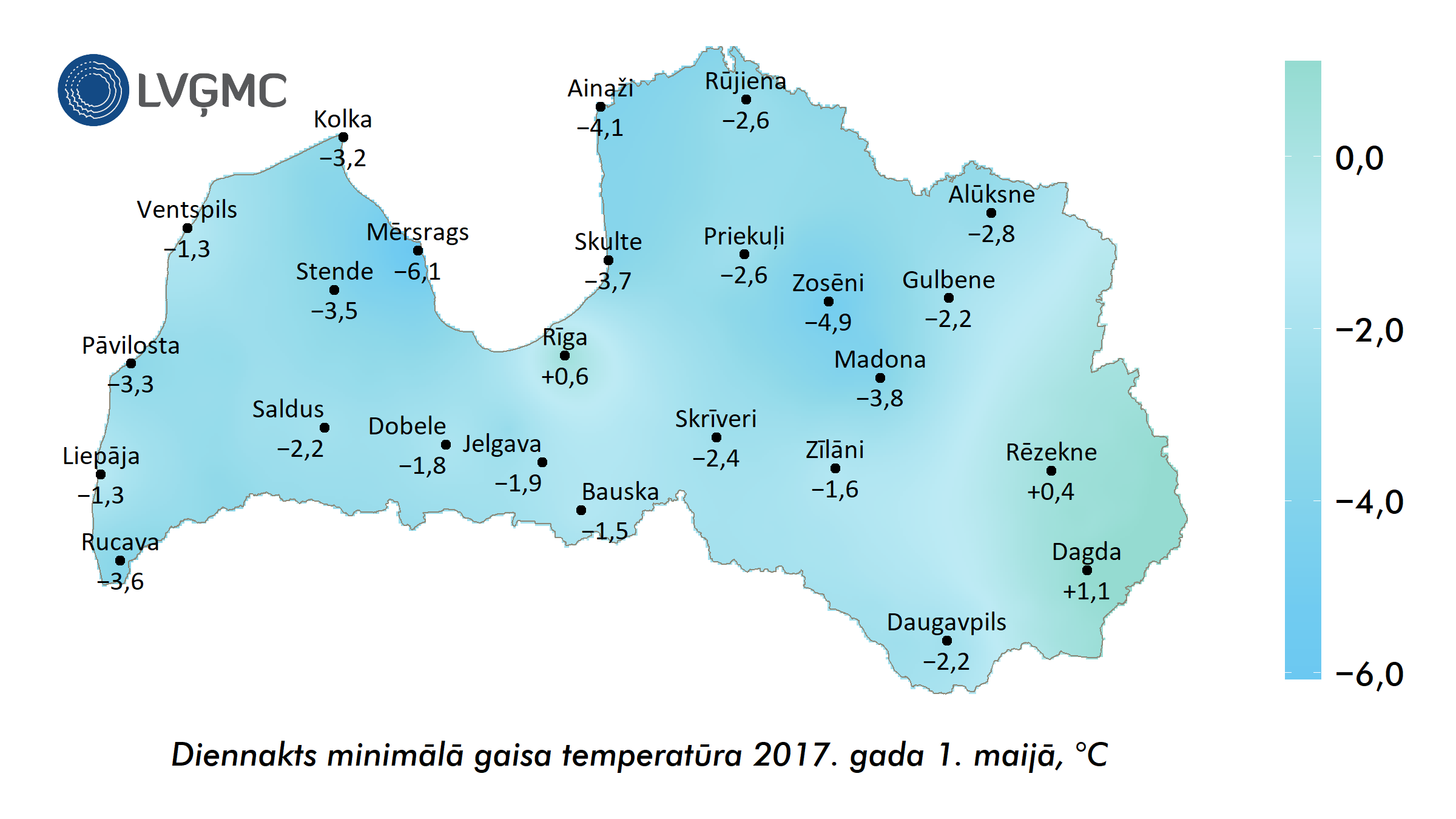 Diennakts minimālā gaisa temperatūra 2017. gada 1. maijā 