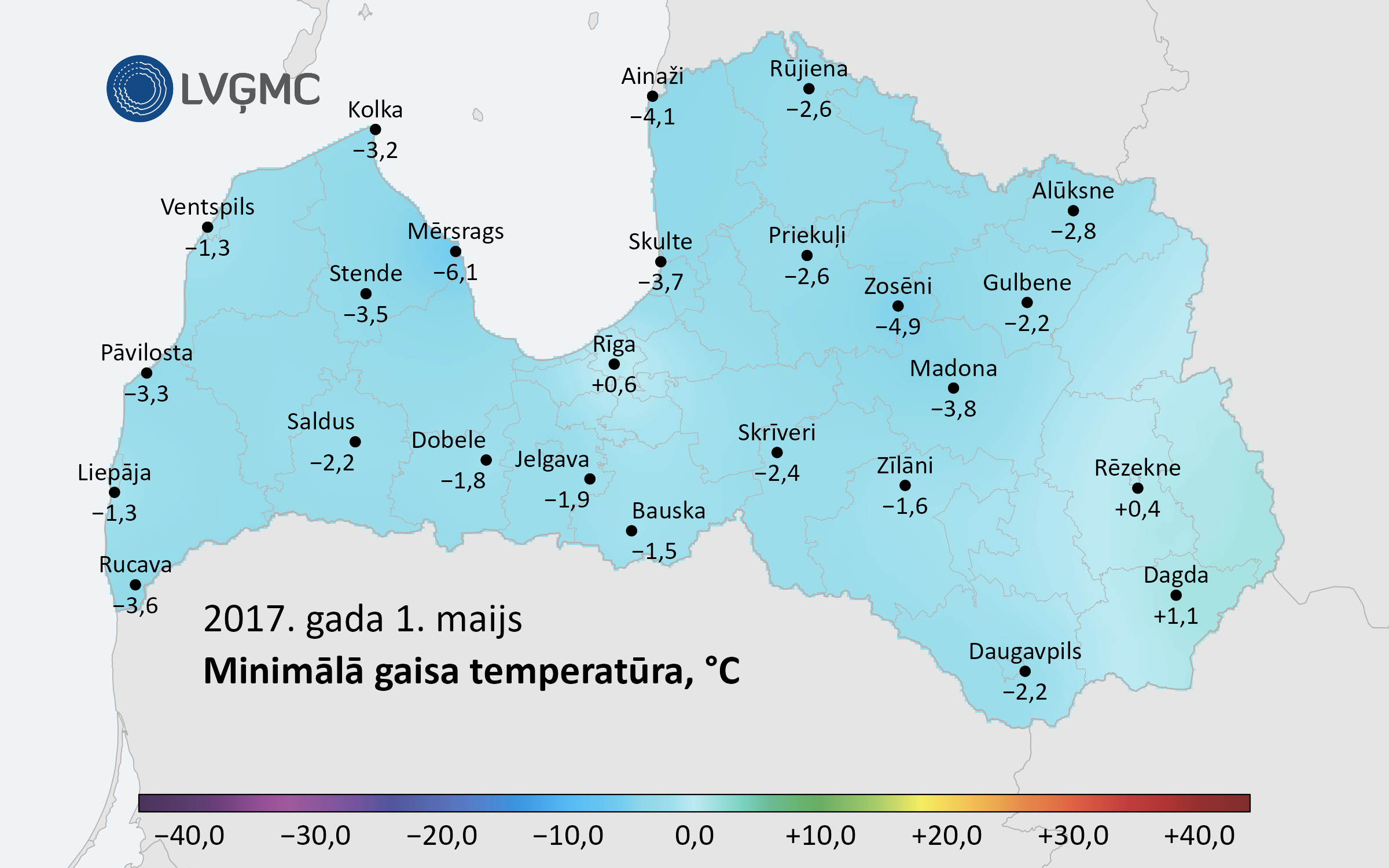 Diennakts minimālā gaisa temperatūra 2017. gada 1. maijā, C
