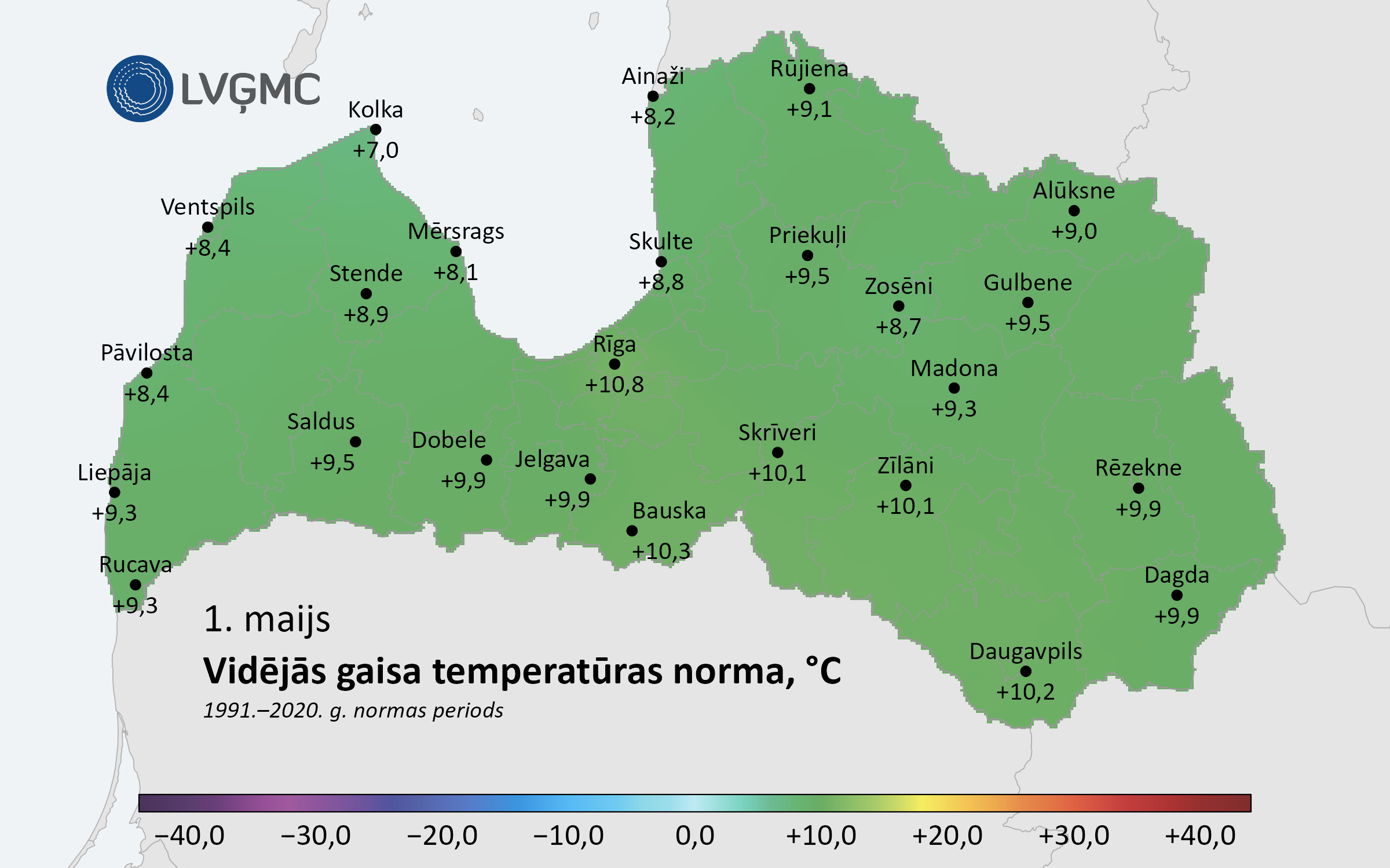 Diennakts vidējās gaisa temperatūras norma 1. maijā (1991.–2020. gads), C