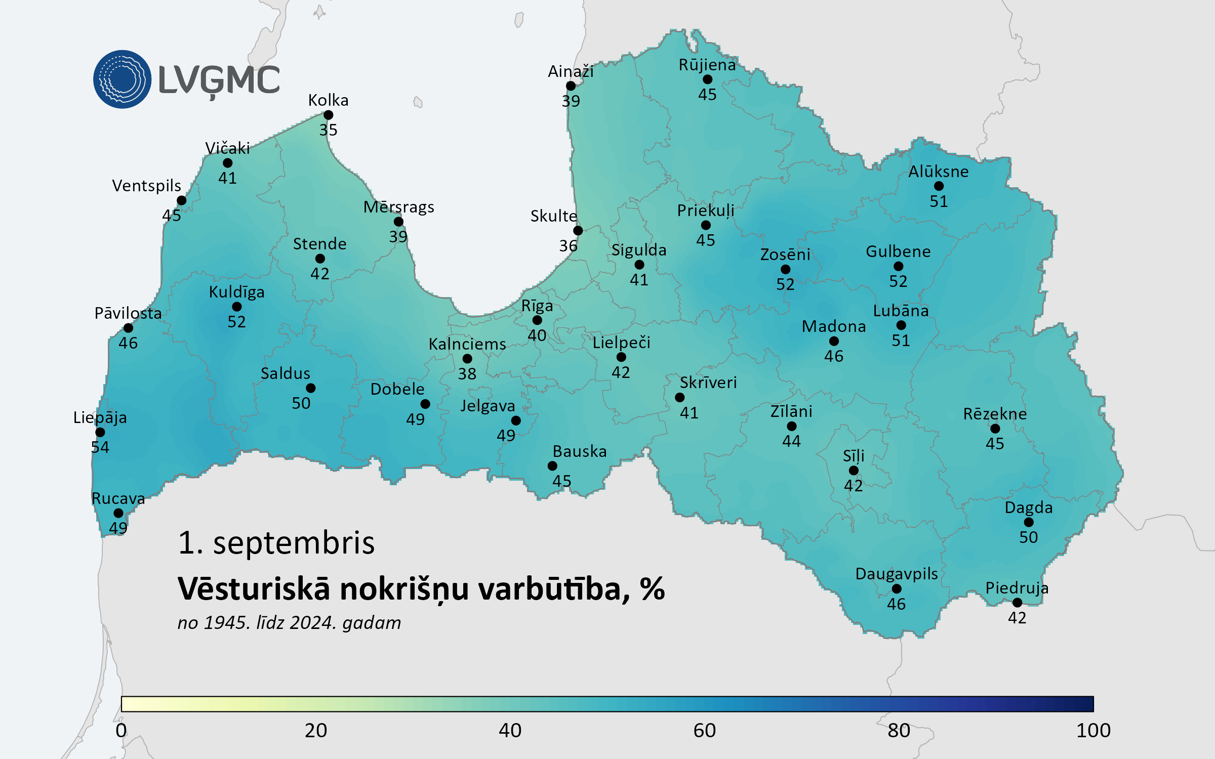 Vēsturiskās nokrišņu varbūtības 1. septembrī, %