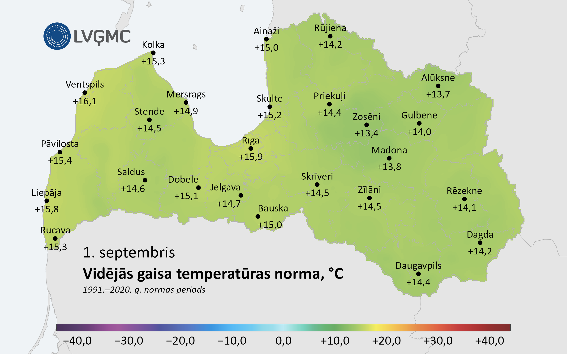 Vidējās gaisa temperatūras norma 1. septembrī, °C