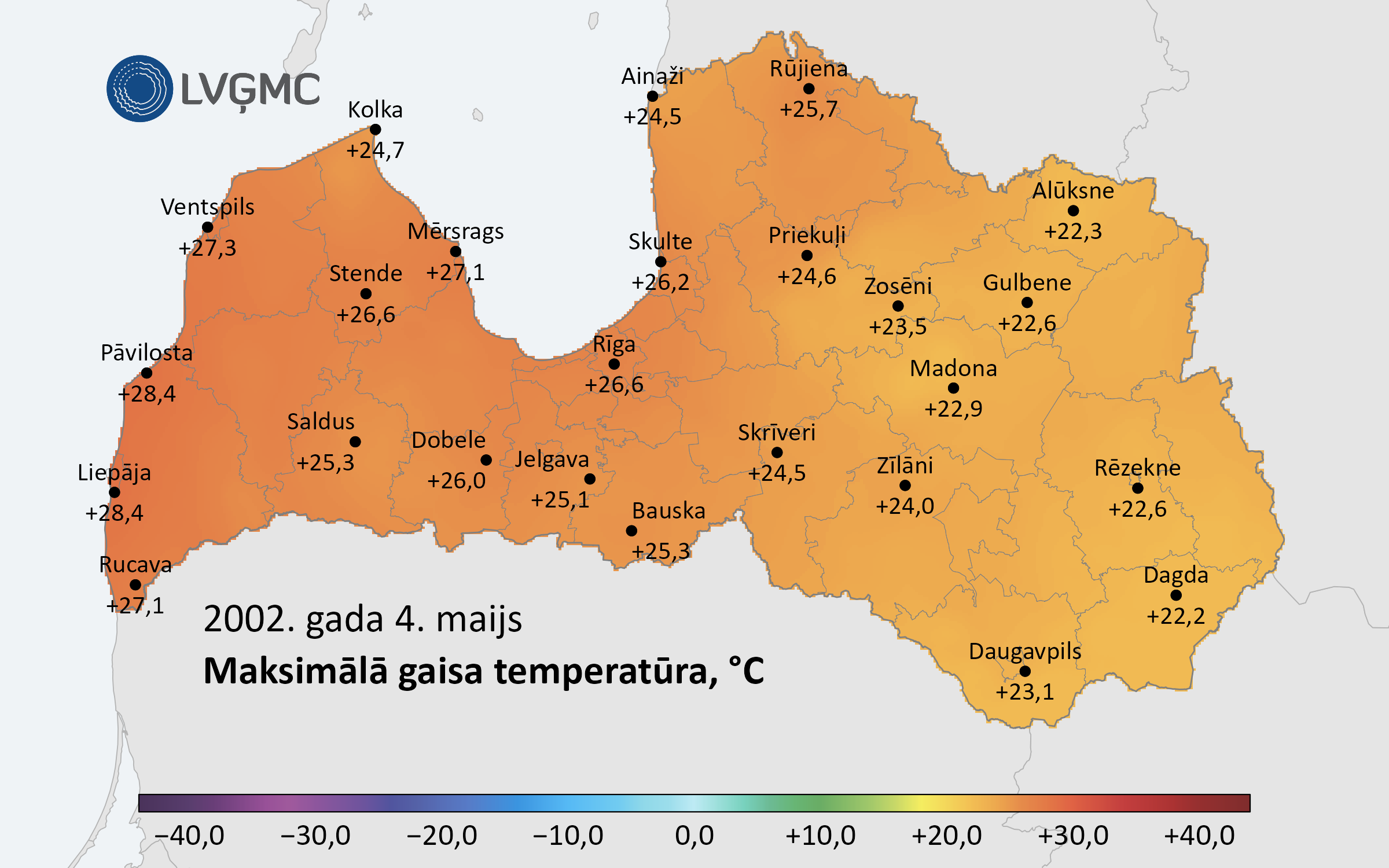Diennakts maksimālā gaisa temperatūra 2002. gada 4. maijā, C
