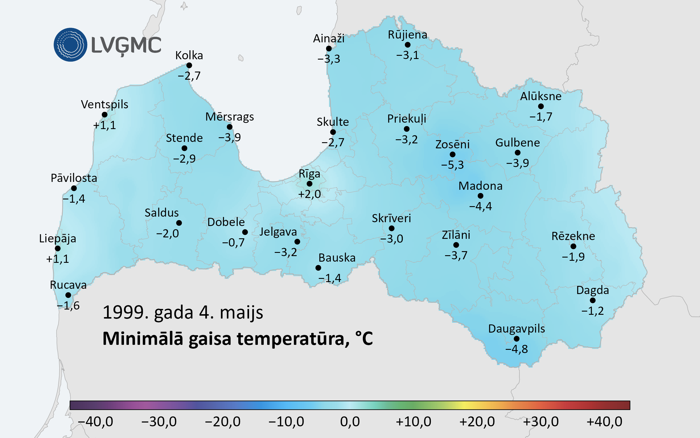 Diennakts minimālā gaisa temperatūra 1999. gada 4. maijā, C