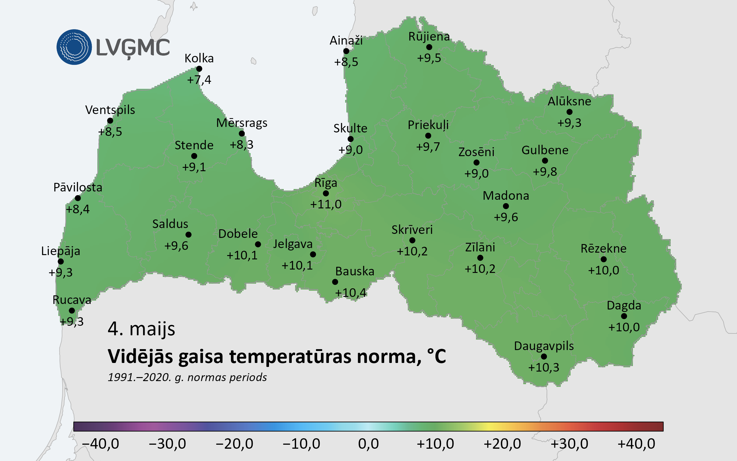 Diennakts vidējās gaisa temperatūras norma 4. maijā (1991.–2020. gads)