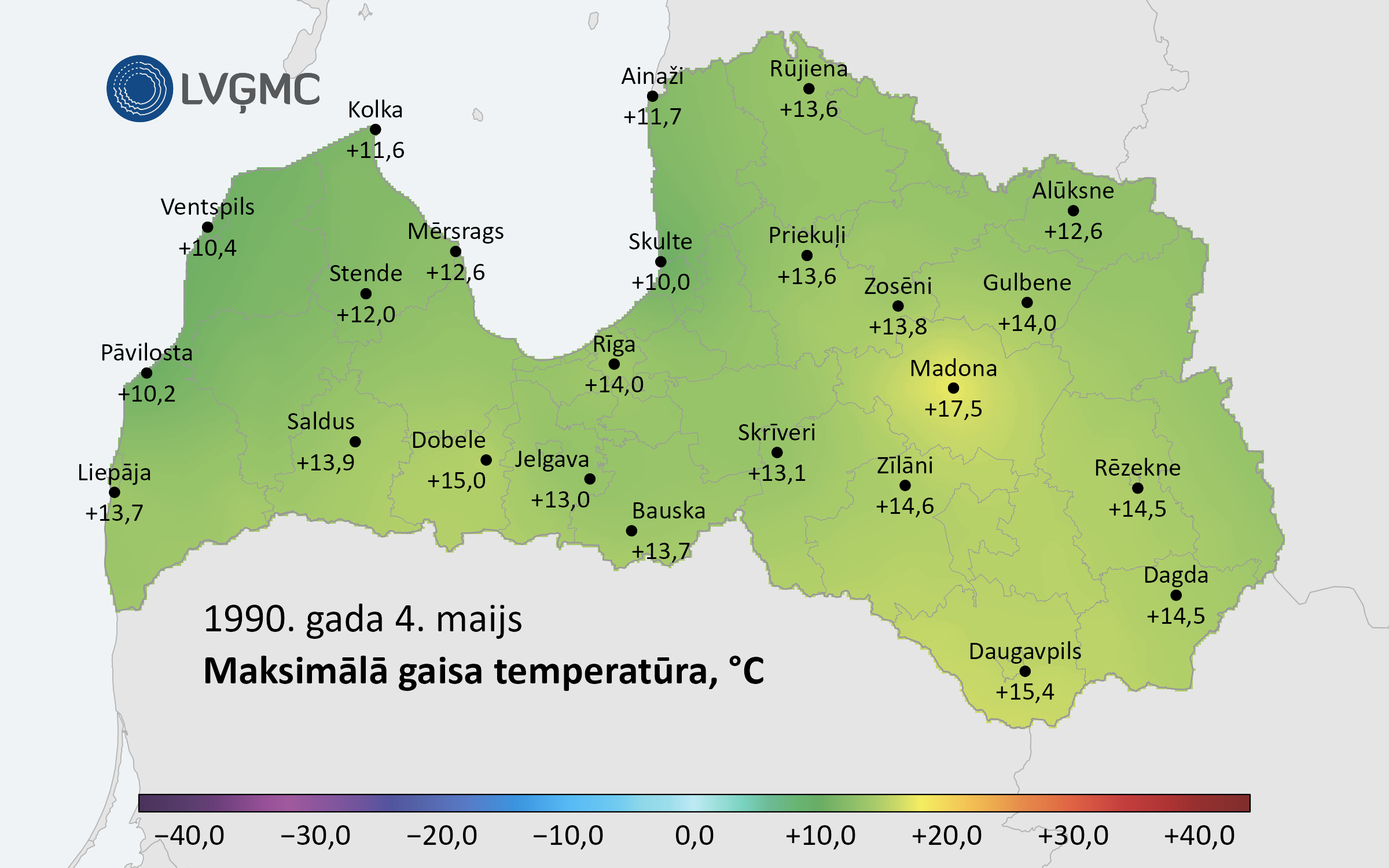 Diennakts vidējā gaisa temperatūra 1990. gada 4. maijā, °C