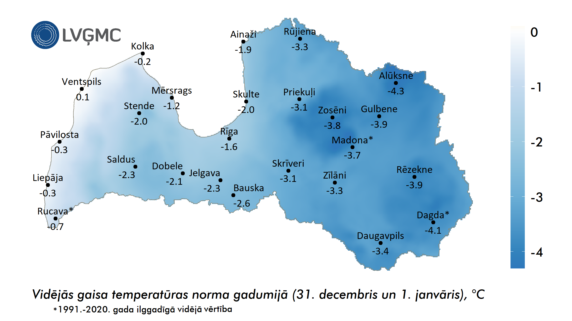 Vidējās gaisa temperatūras norma gadumijā (31. decembris un 1. janvāris), °C 