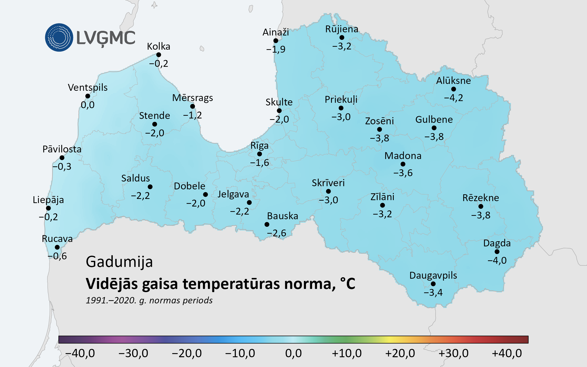 Vidējās gaisa temperatūras norma gadumijā (31. decembris un 1. janvāris), °C