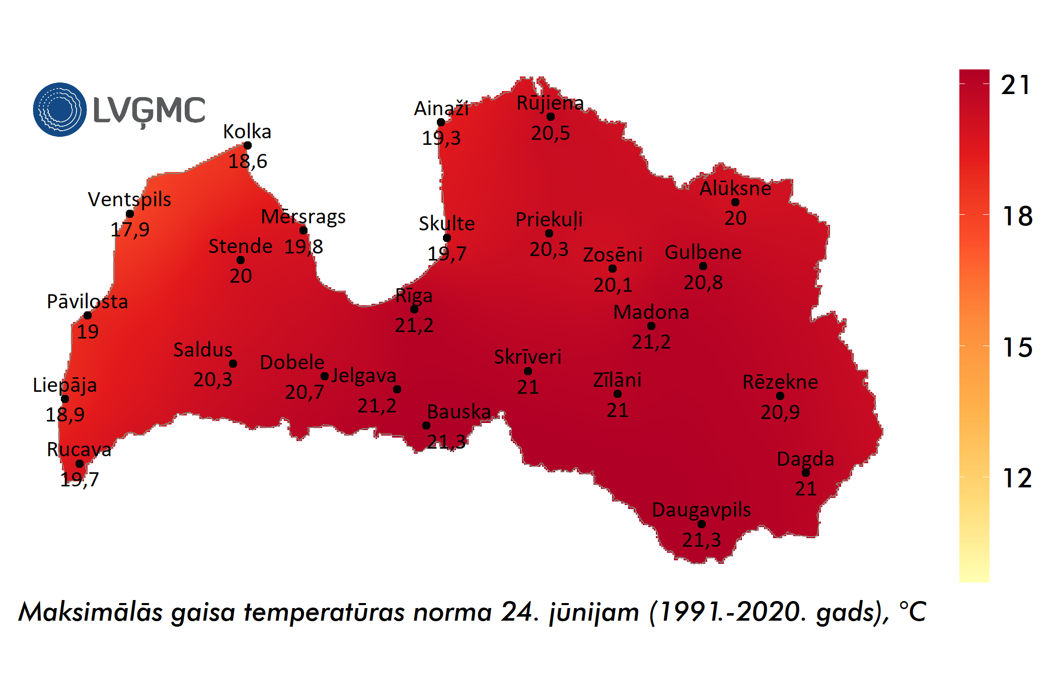 Vidējā maksimālā gaisa temperatūra jāņu naktī (1991.-2020. gads), °C