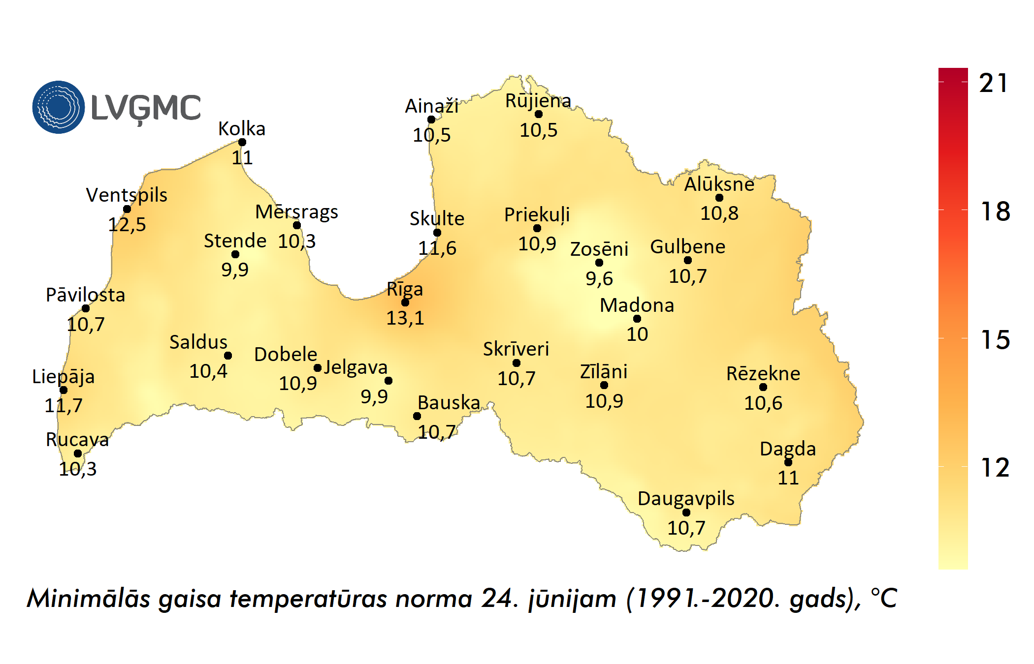 Vidējā minimālā gaisa temperatūra jāņu naktī (1991.–2020. gads), °C