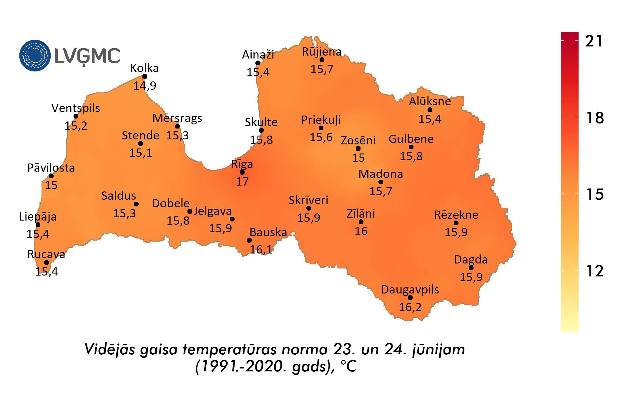 Līgo svētku un jāņu vidējā diennakts gaisa temperatūra (1991.-2020. gads), °C