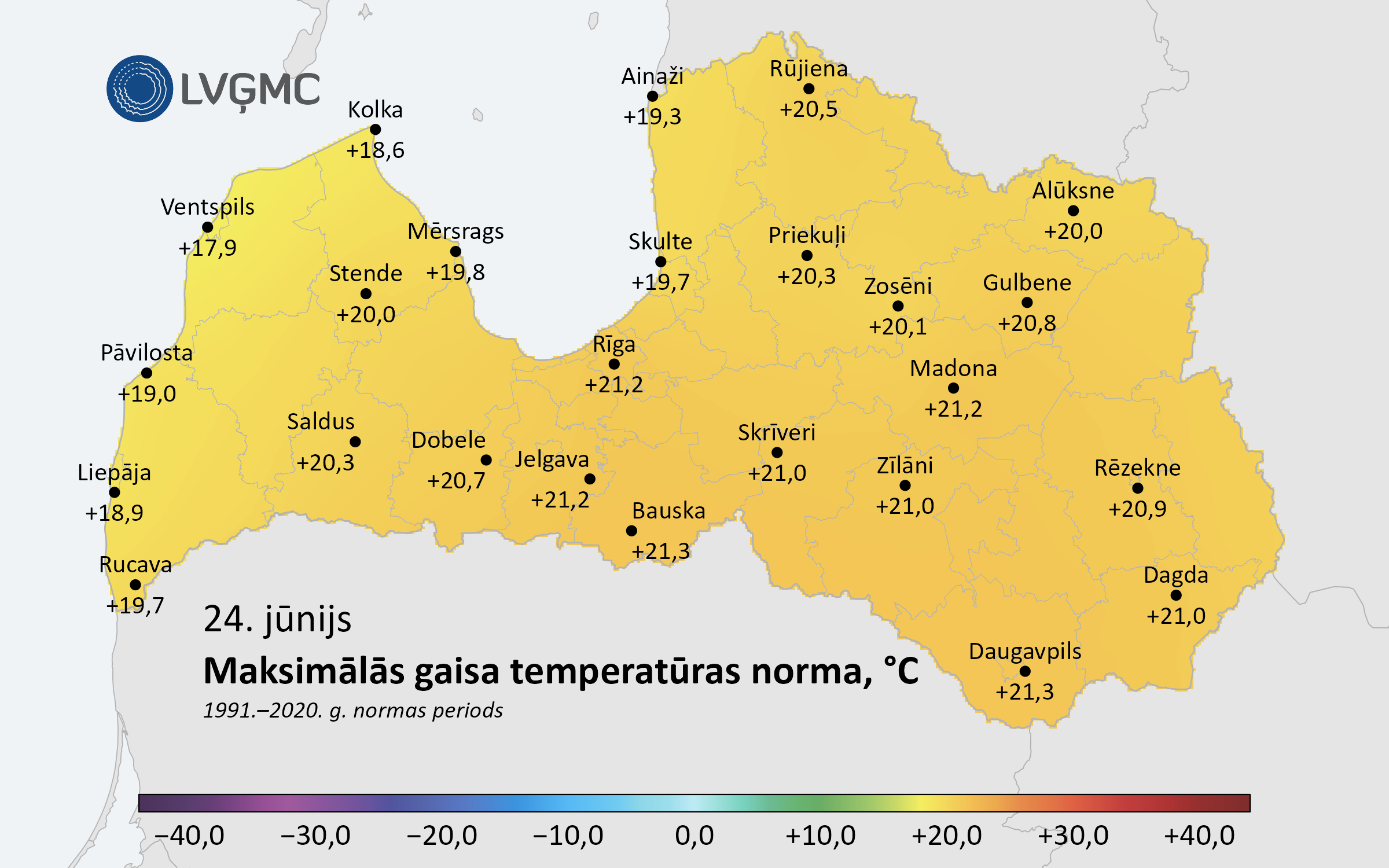 Jāņu dienas maksimālās gaisa temperatūras norma (1991.–2020. gads), °C