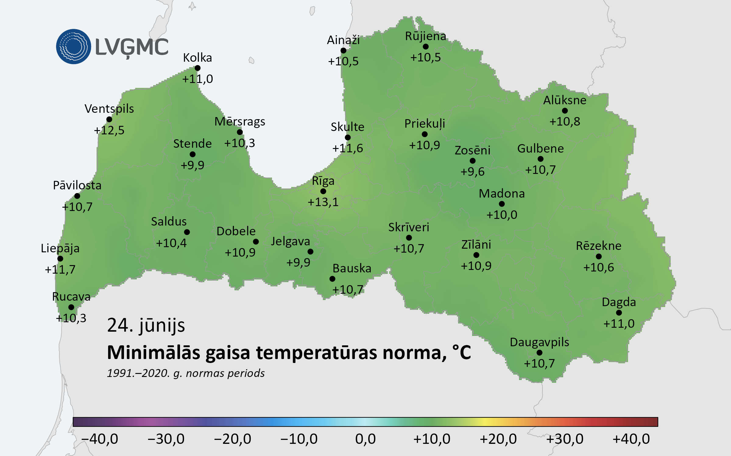 Jāņu nakts minimālās gaisa temperatūras norma (1991.–2020. gads), °C