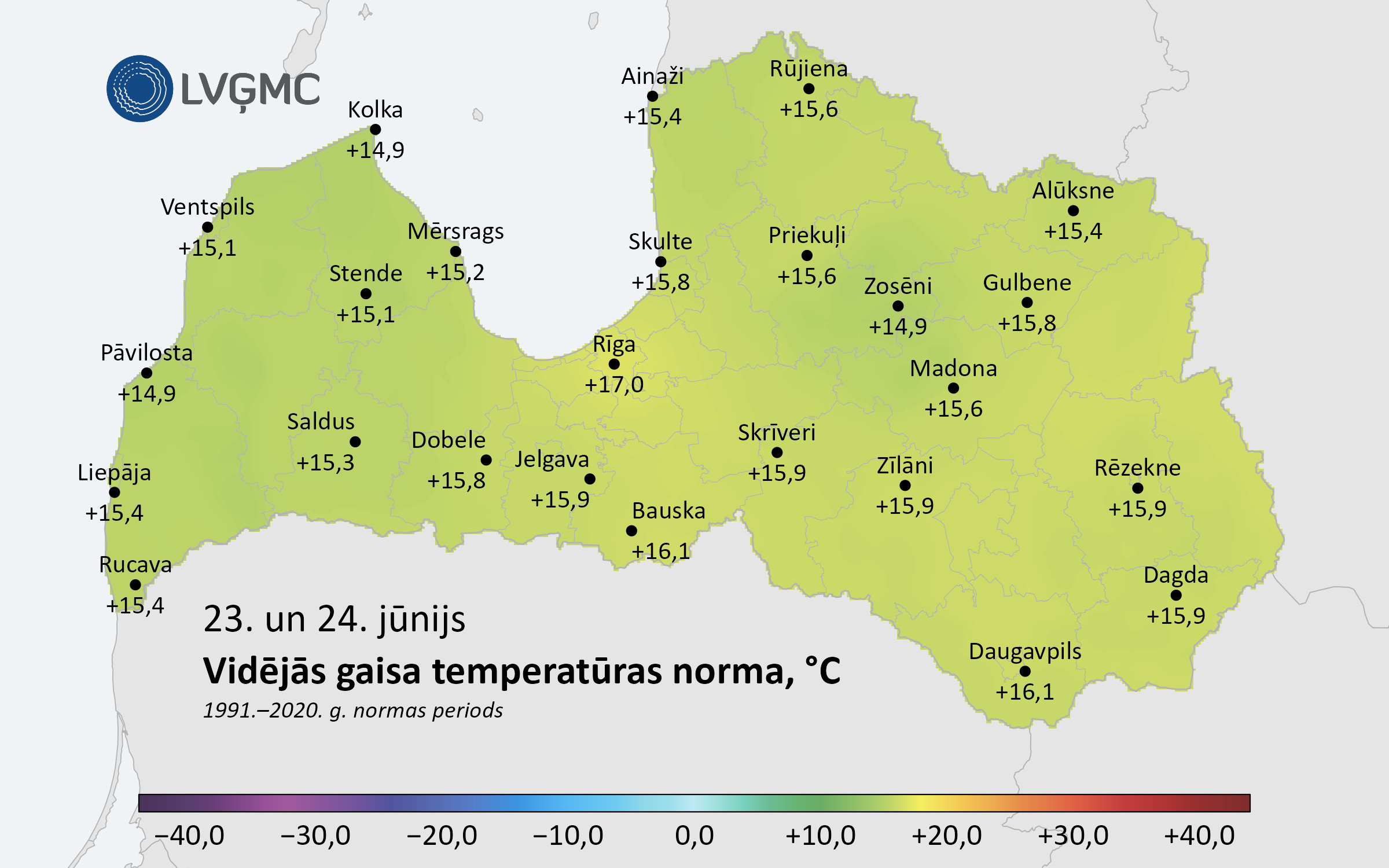 Līgo svētku un Jāņu vidējās gaisa temperatūras norma (1991.–2020. gads), °C