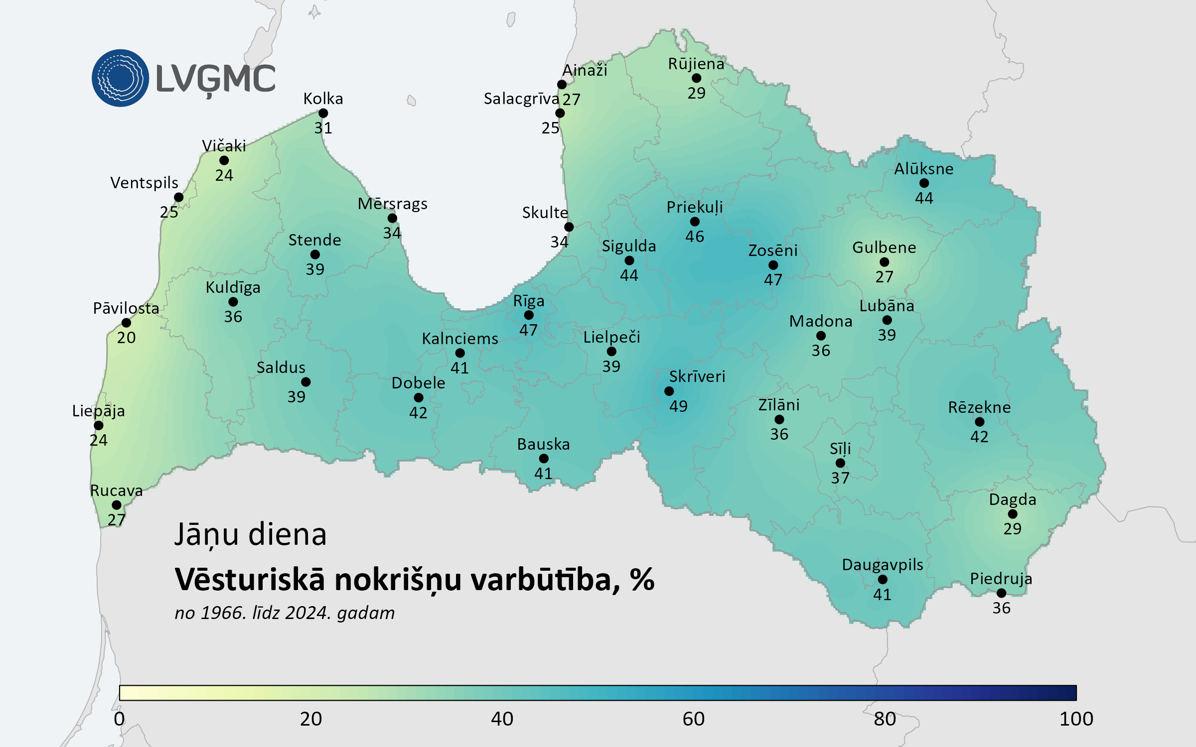 Vēsturiskās nokrišņu daudzuma varbūtības Jāņu dienā (1966.–2024. gads), %