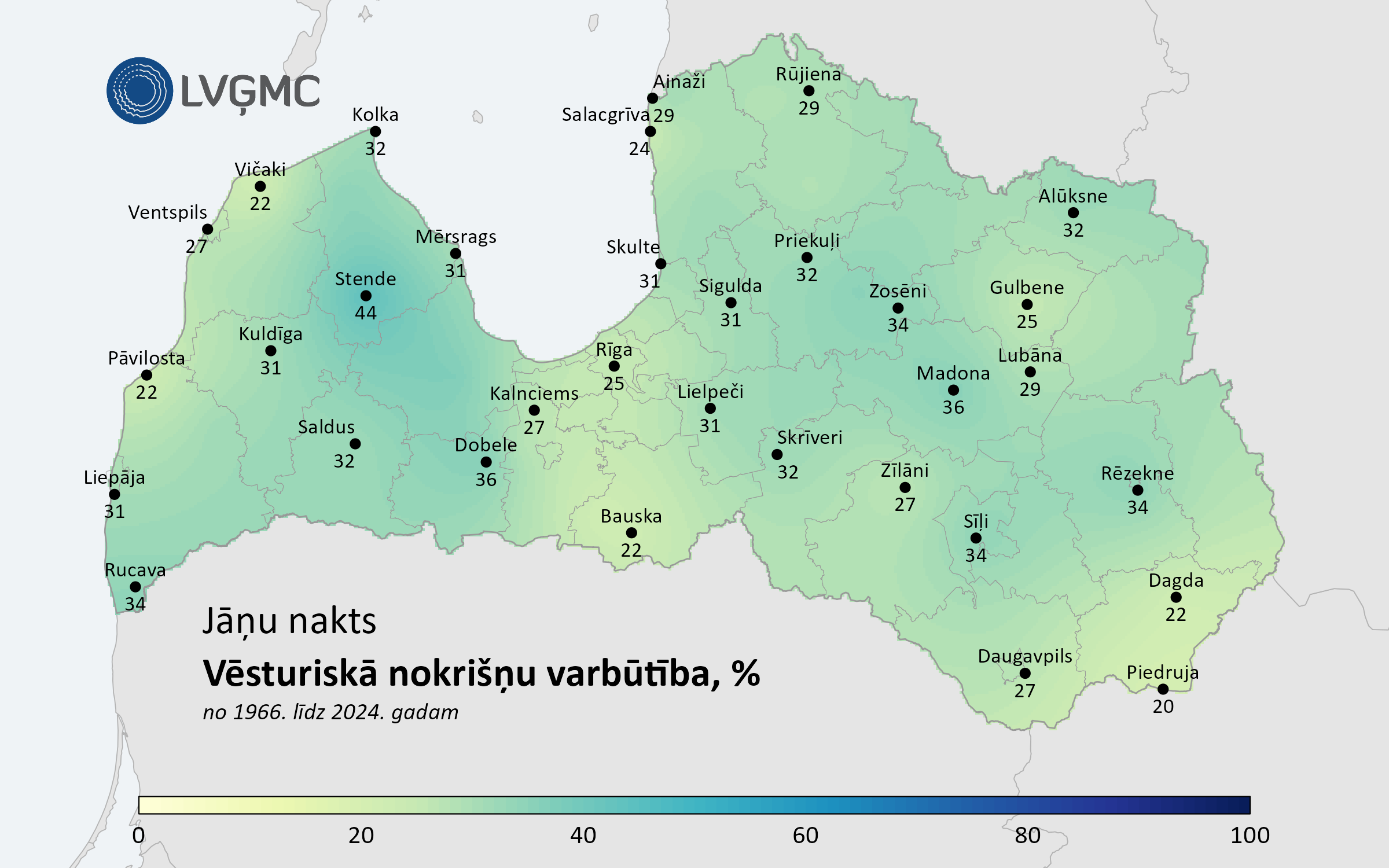 Vēsturiskās nokrišņu daudzuma varbūtības Jāņu naktī (1966.–2024. gads), %