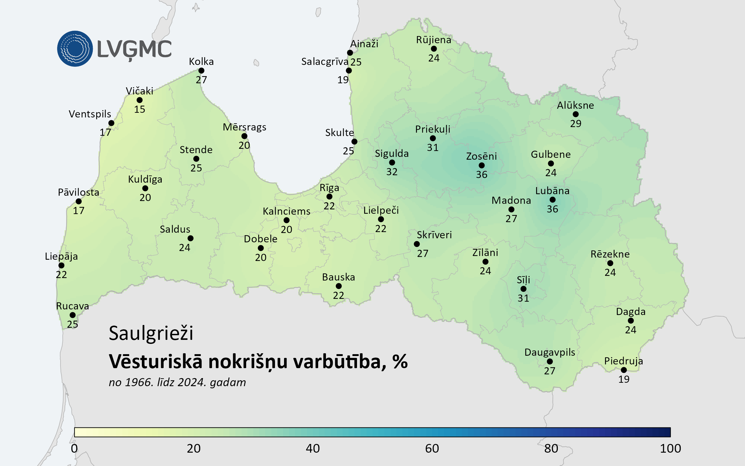 Vēsturiskās nokrišņu daudzuma saulgriežu naktī (1966.–2024. gads), %