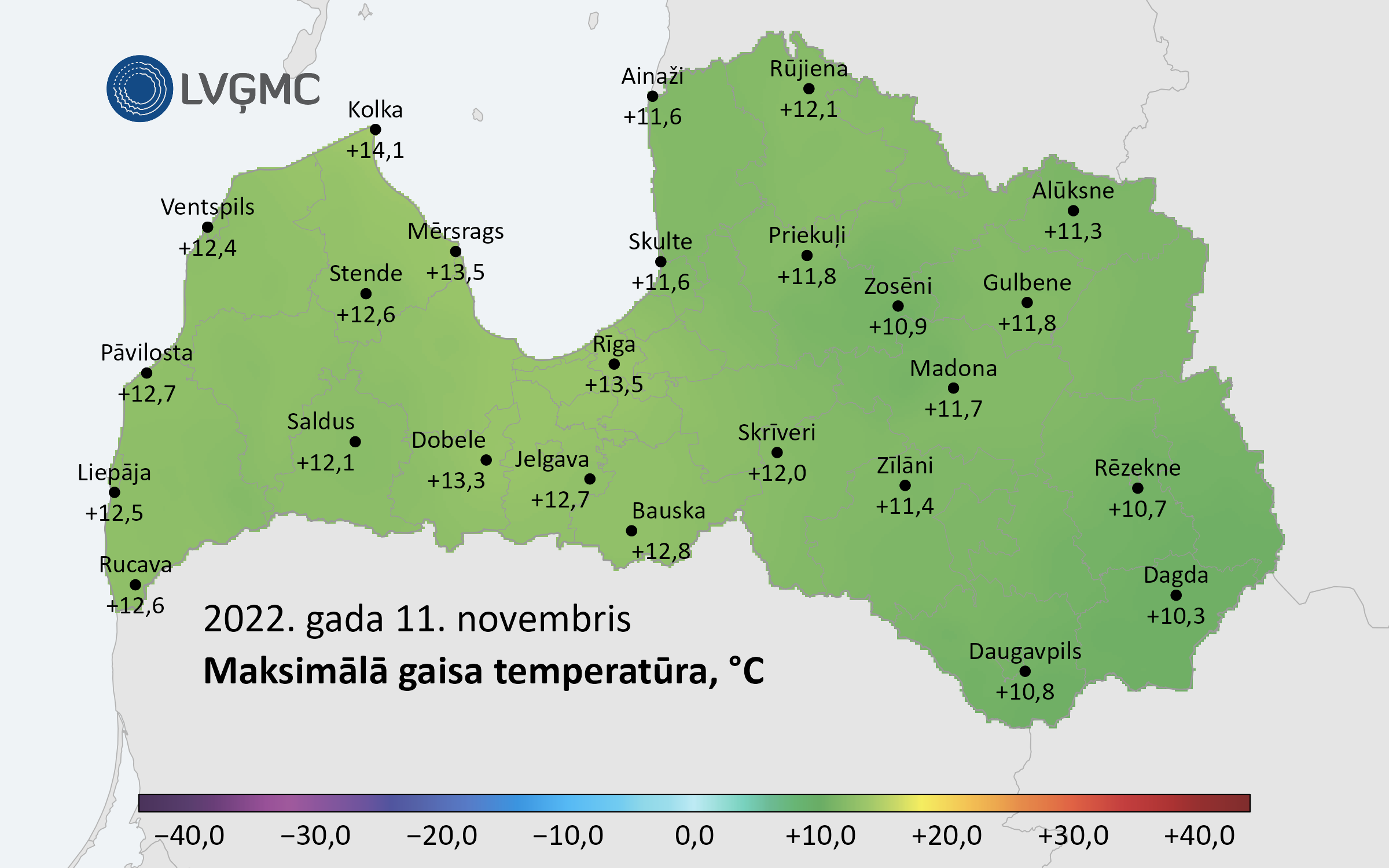 Maksimālā gaisa temperatūra Lāčplēša dienā 2022. gadā, C