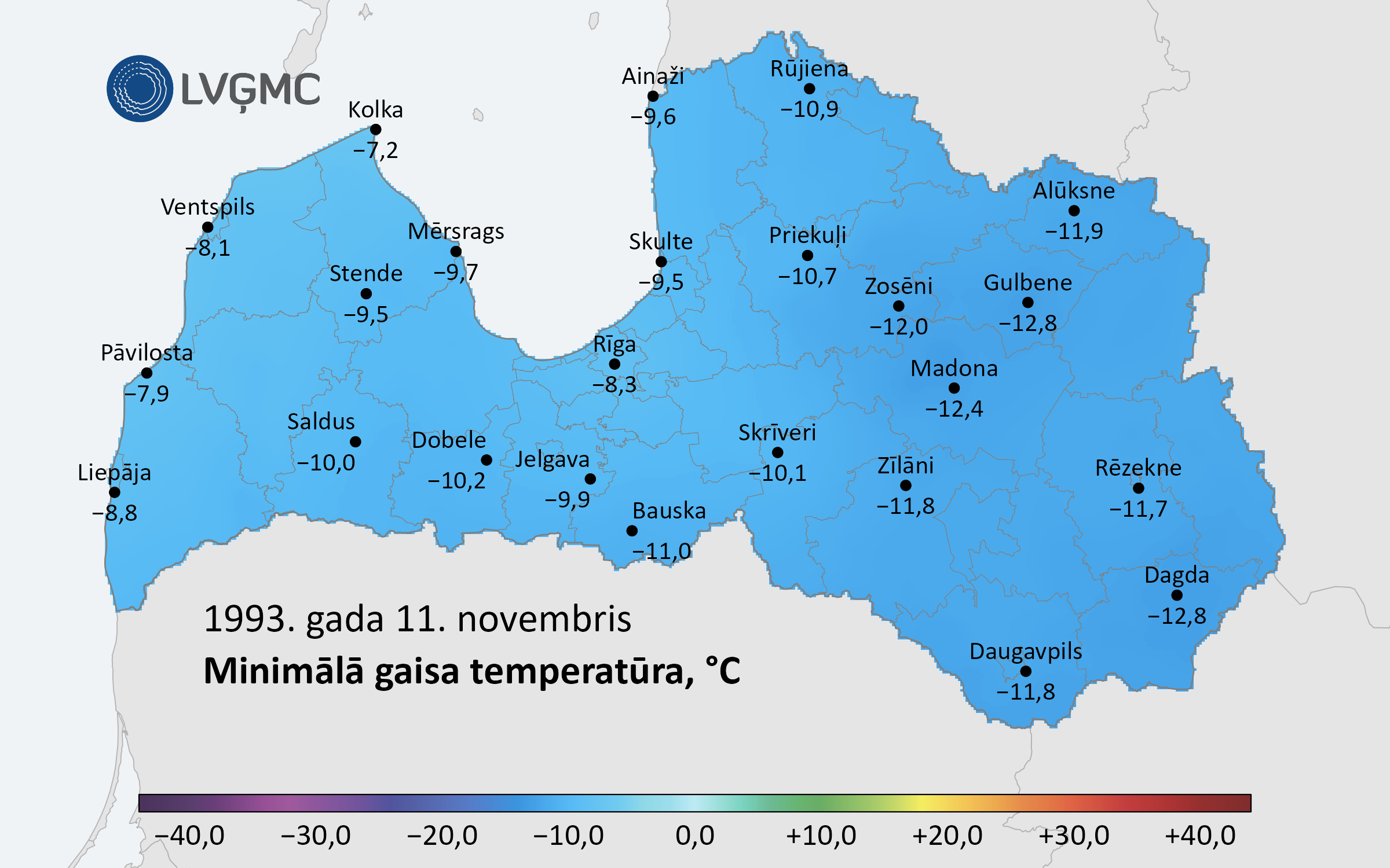 Minimālā gaisa temperatūra Lāčplēša dienā 1993. gadā, C