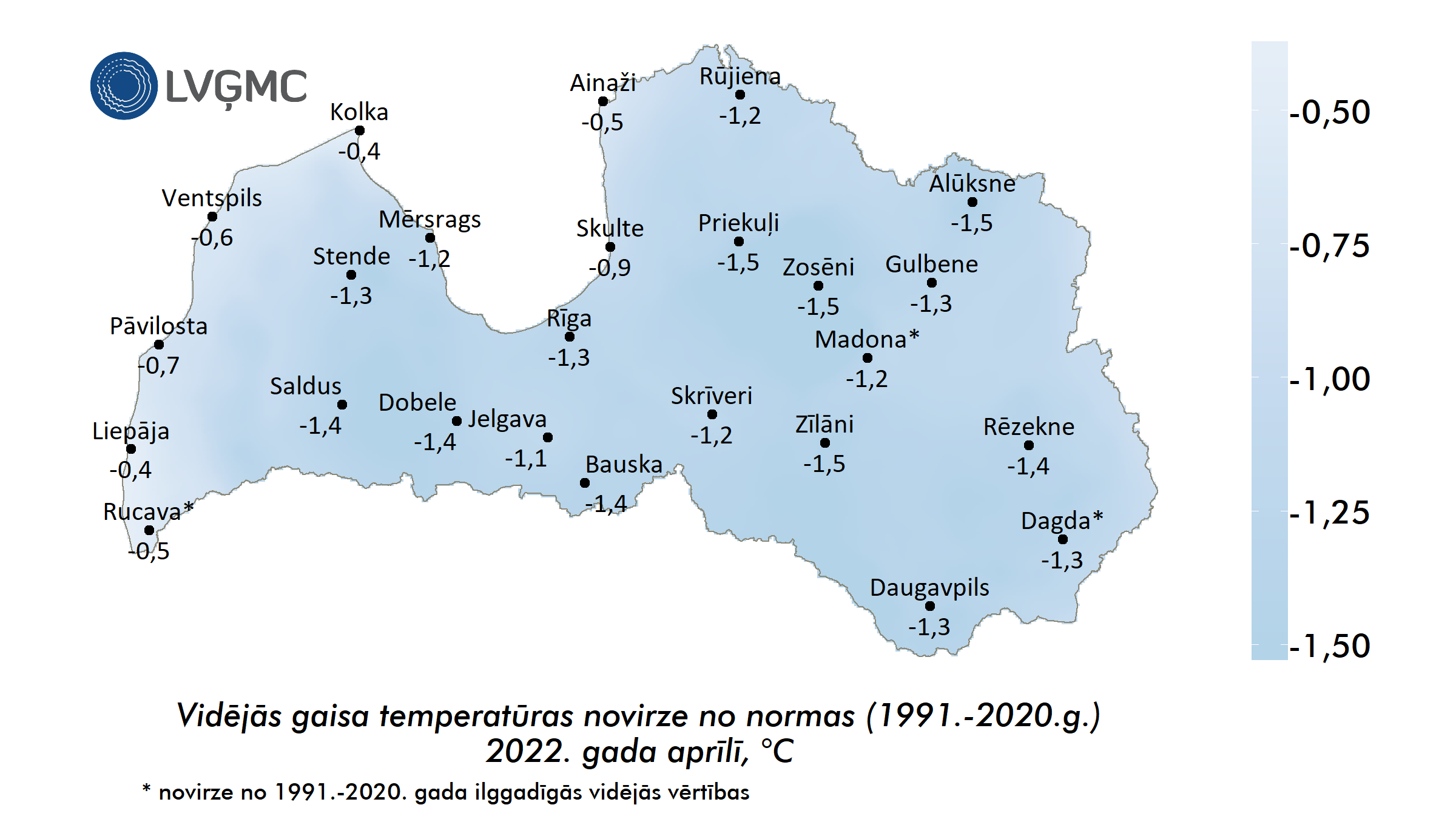 Vidējās gaisa temperatūras novirze no normas 2022. gada aprīlī, °C 