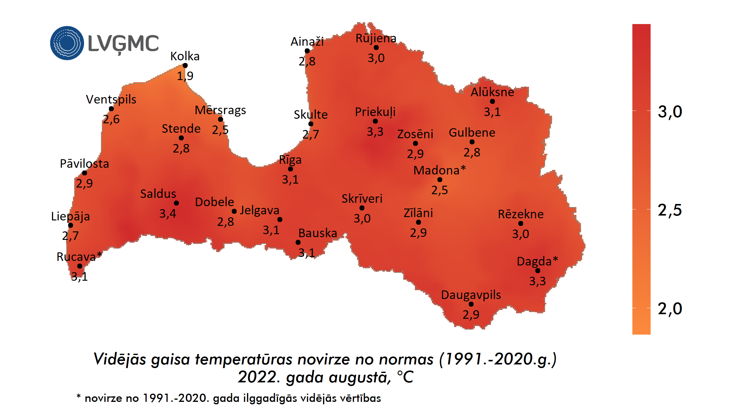 Vidējās gaisa temperatūras novirze no normas 2022. gada augustā, °C 