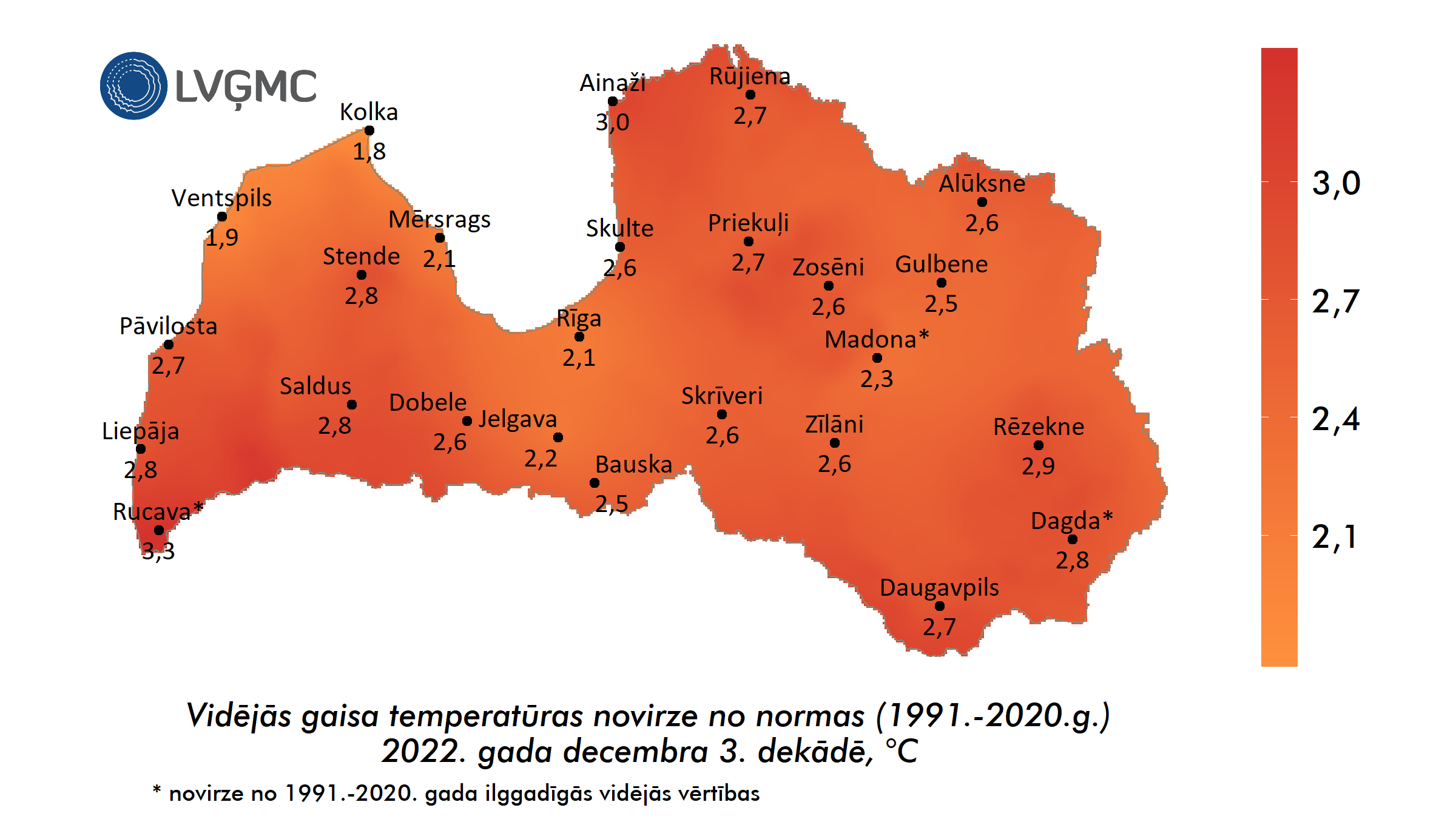 Vidējās gaisa temperatūras novirze no normas 2022. gada decembra 3. dekādē, °C 