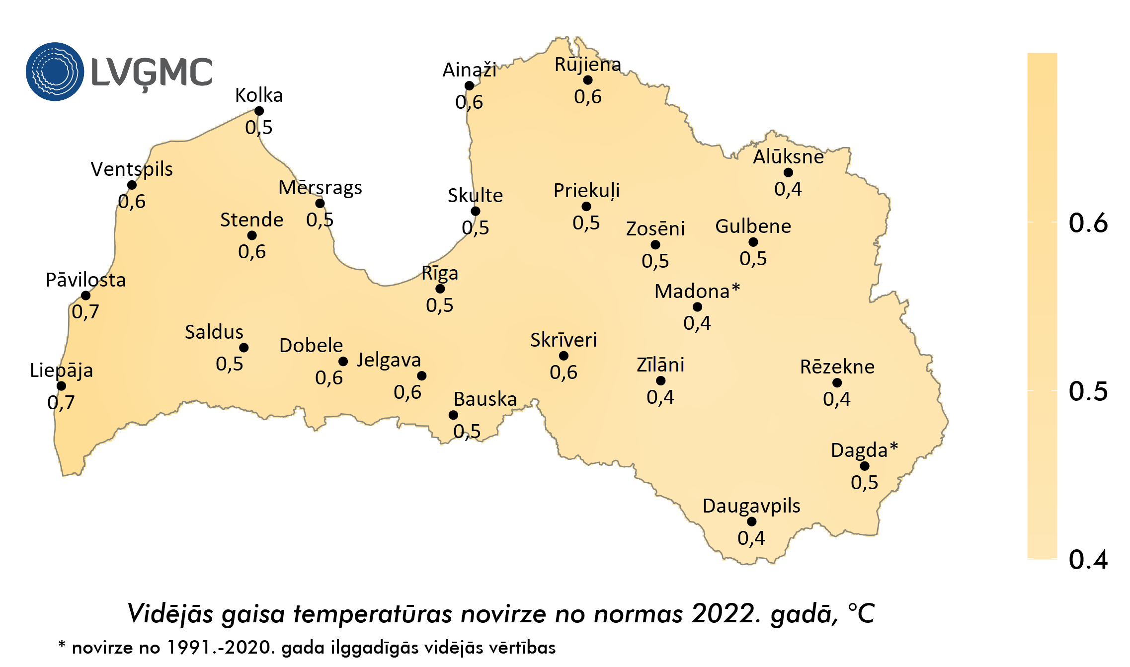 Vidējās gaisa temperatūras novirze no normas 2022. gadā, °C 