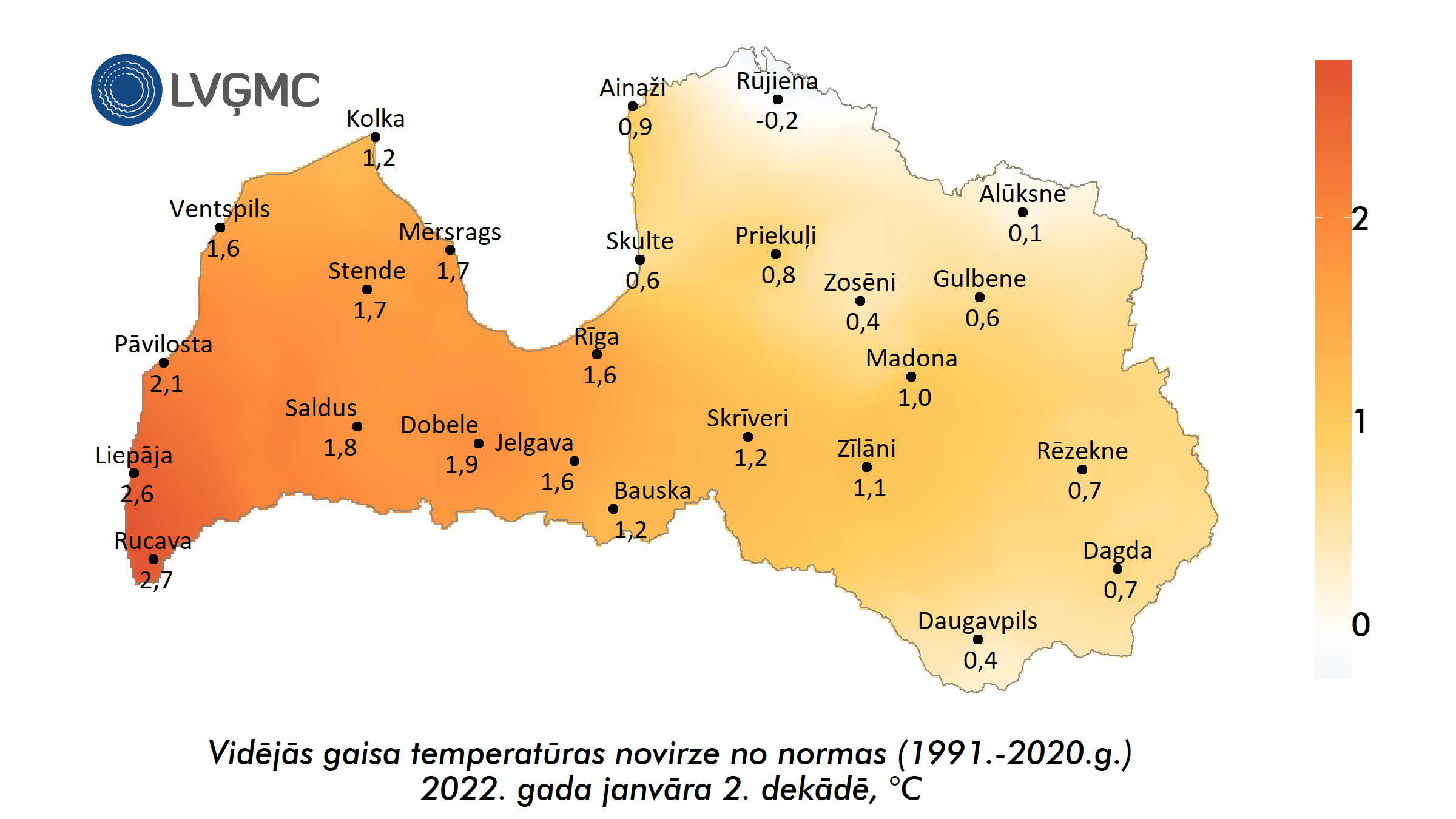 Vidējās gaisa temperatūras novirze no normas 2022. gada janvāra 2. dekādē, °C 