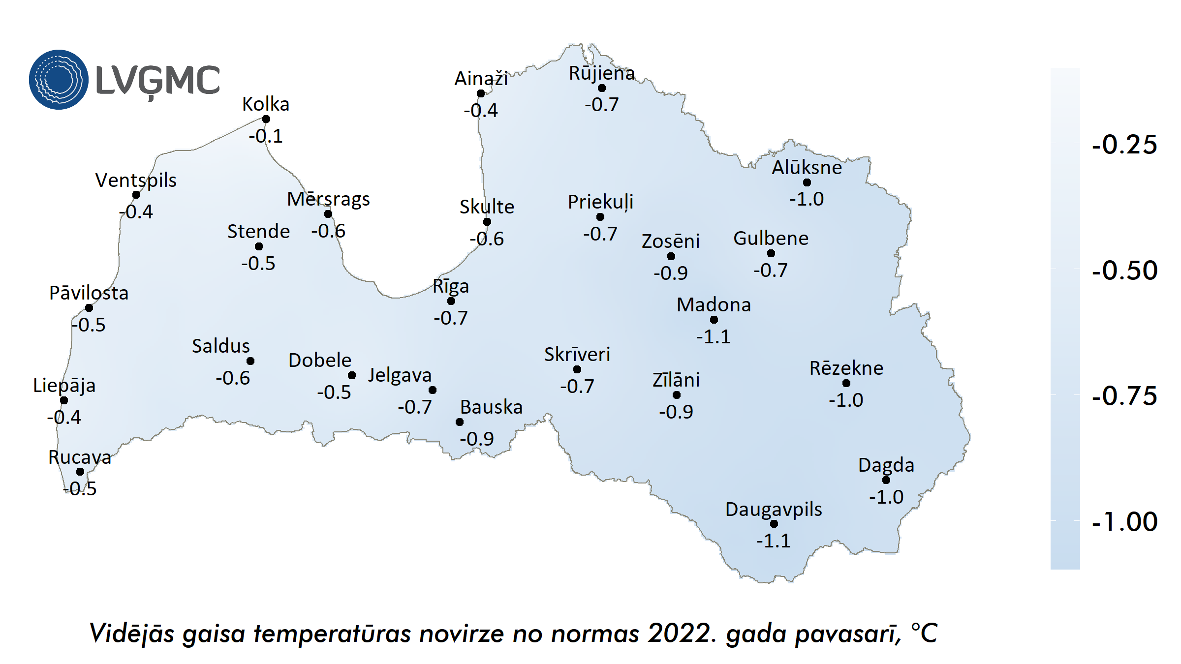 Vidējās gaisa temperatūras novirze no normas 2022. gada pavasarī, °C