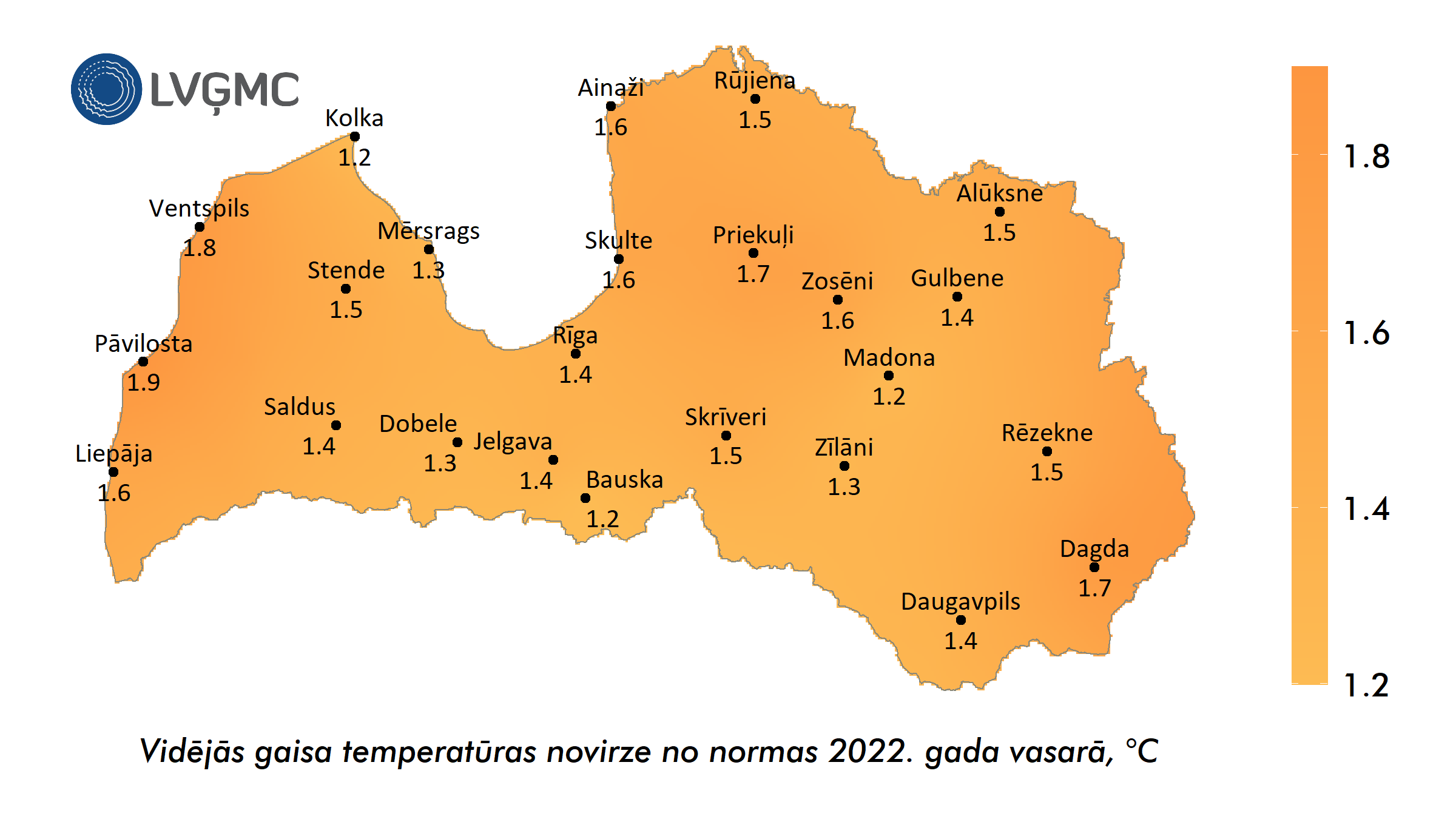 Vidējās gaisa temperatūras novirze no normas 2022. gada vasarā, °C