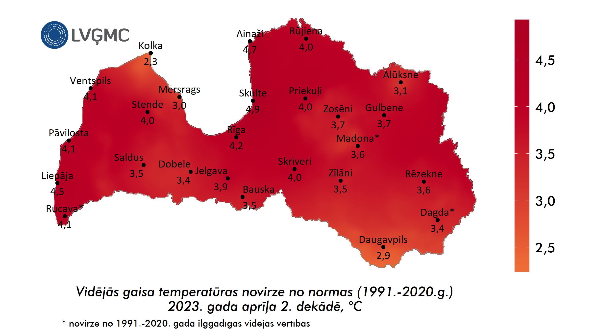 Vidējās gaisa temperatūras novirze no normas 2023. gada aprīļa 2. dekādē, °C 