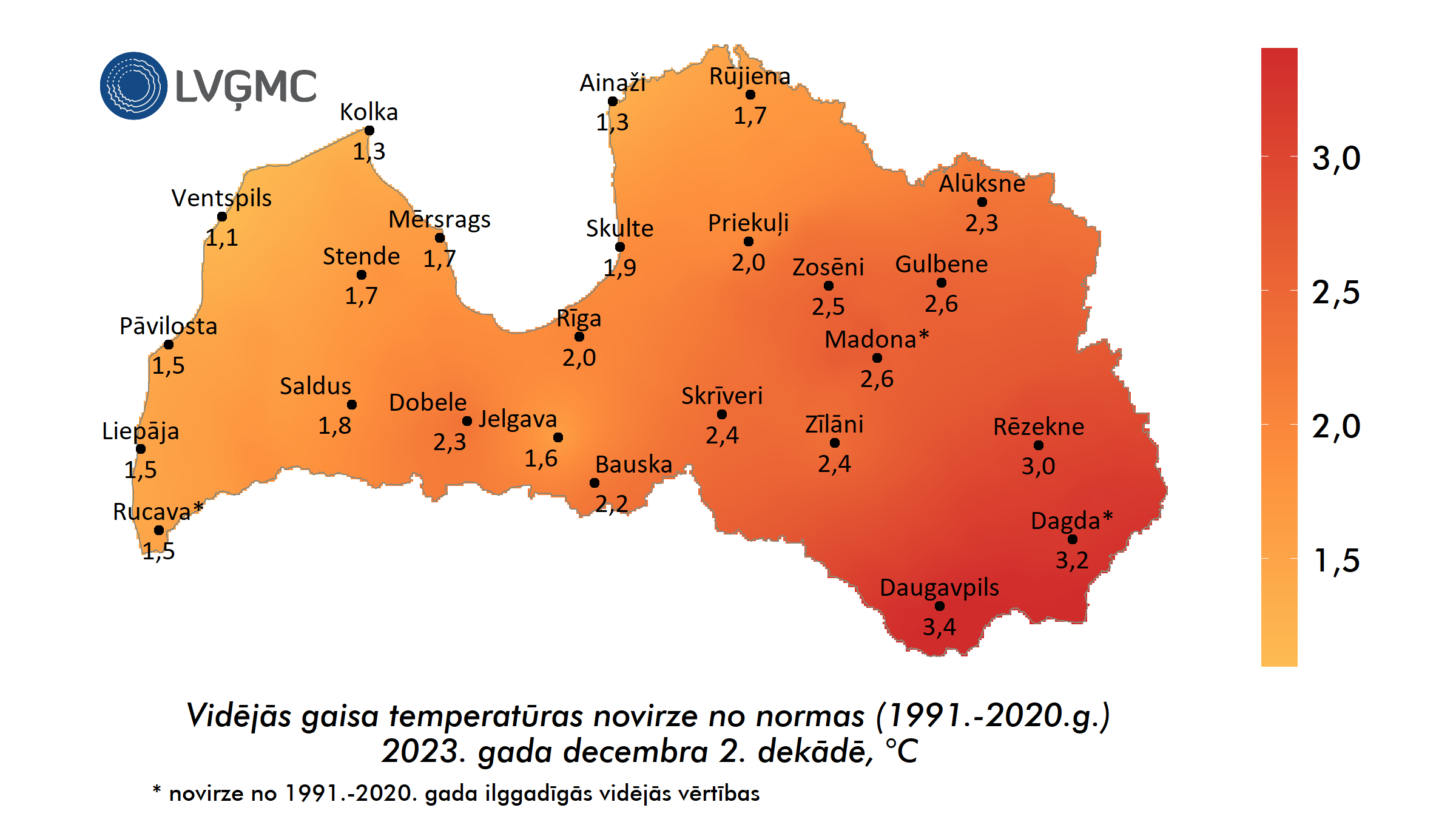 Vidējās gaisa temperatūras novirze no normas 2023. gada decembra 2. dekādē, °C 