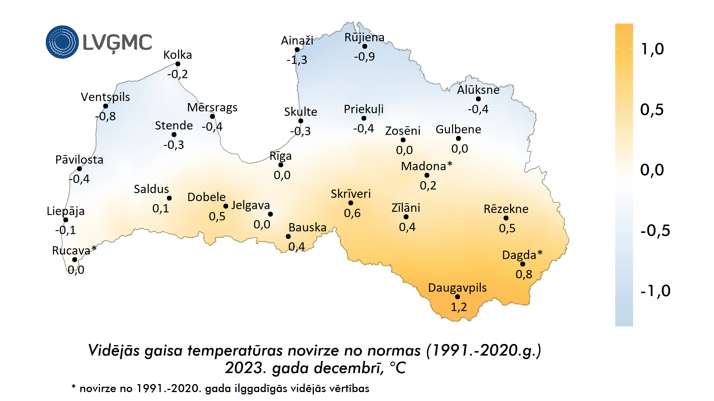 Vidējās gaisa temperatūras novirze no normas 2023. gada decembrī, °C 