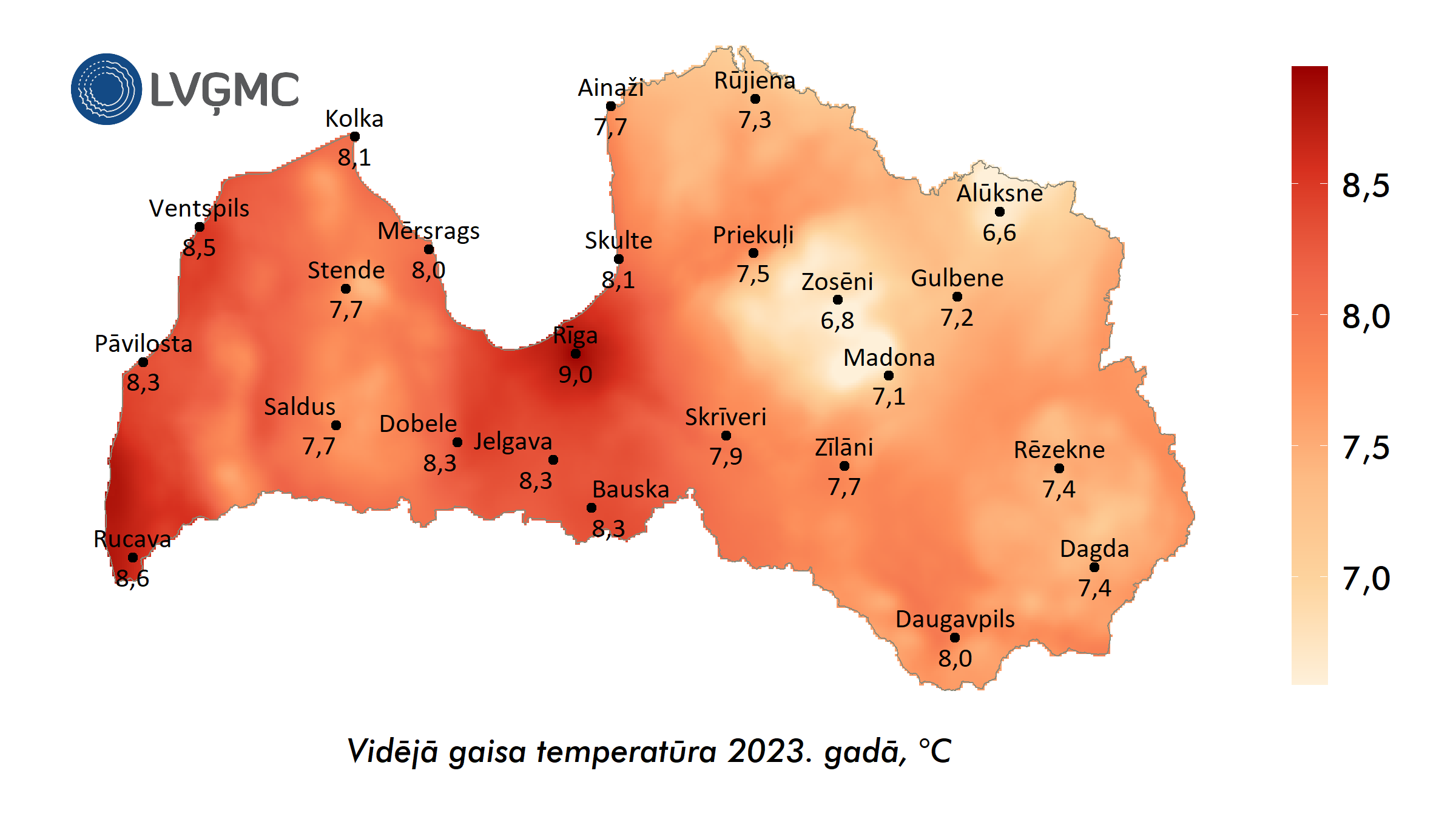 Vidējās gaisa temperatūra 2023. gadā, °C 