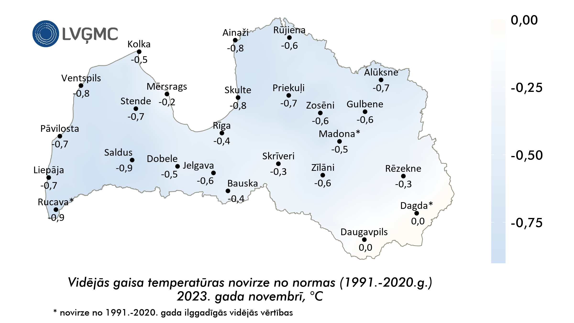 Vidējās gaisa temperatūras novirze no normas 2023. gada novembrī, °C 