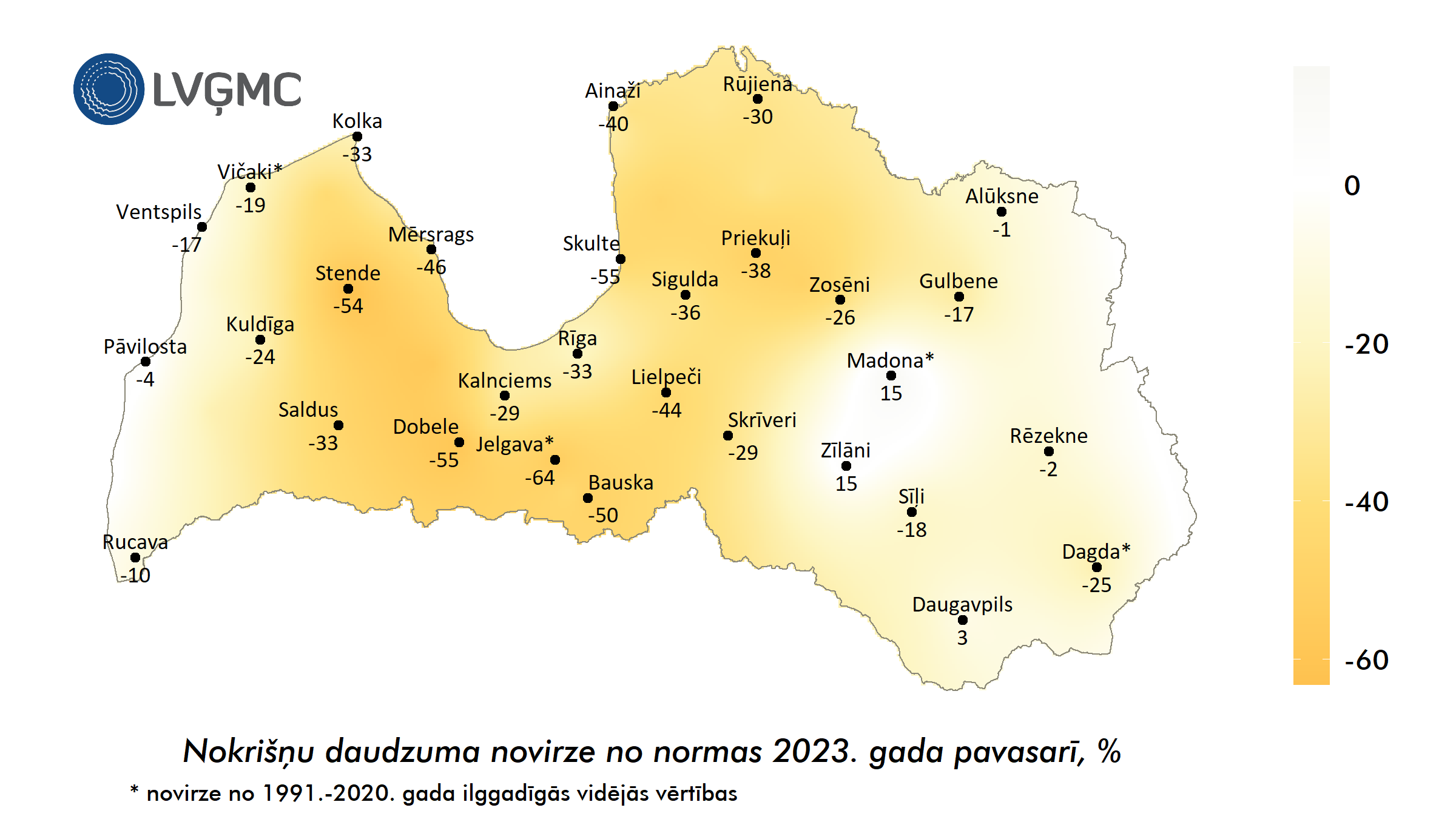 Nokrišņu daudzuma novirze no normas 2023. gada pavasarī, °C