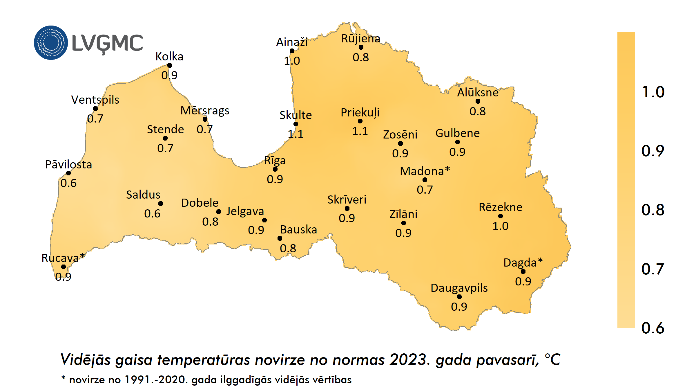 Vidējās gaisa temperatūras novirze no normas 2023. gada pavasarī, °C