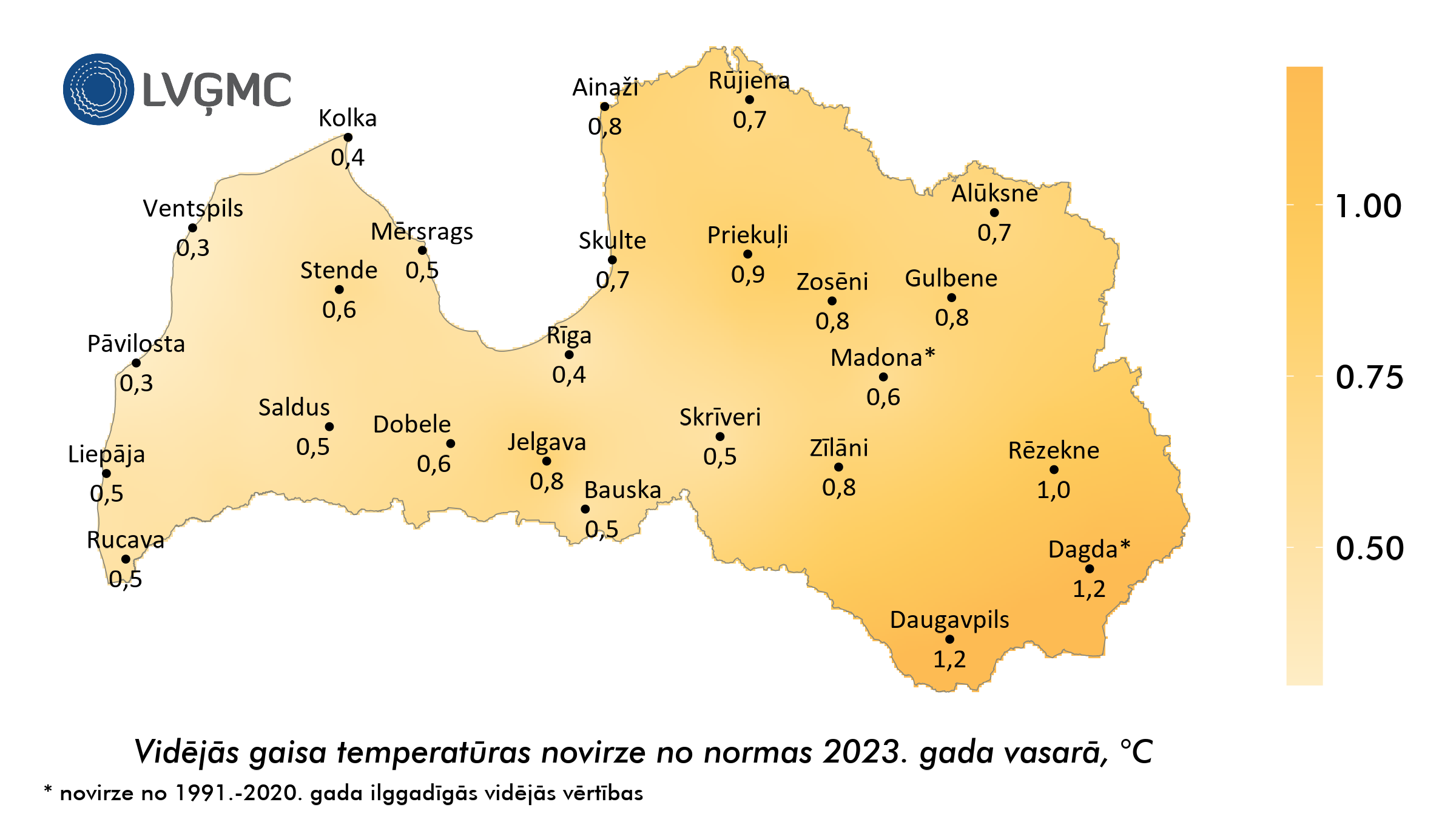Vidējās gaisa temperatūras novirze no normas 2023. gada vasarā, °C