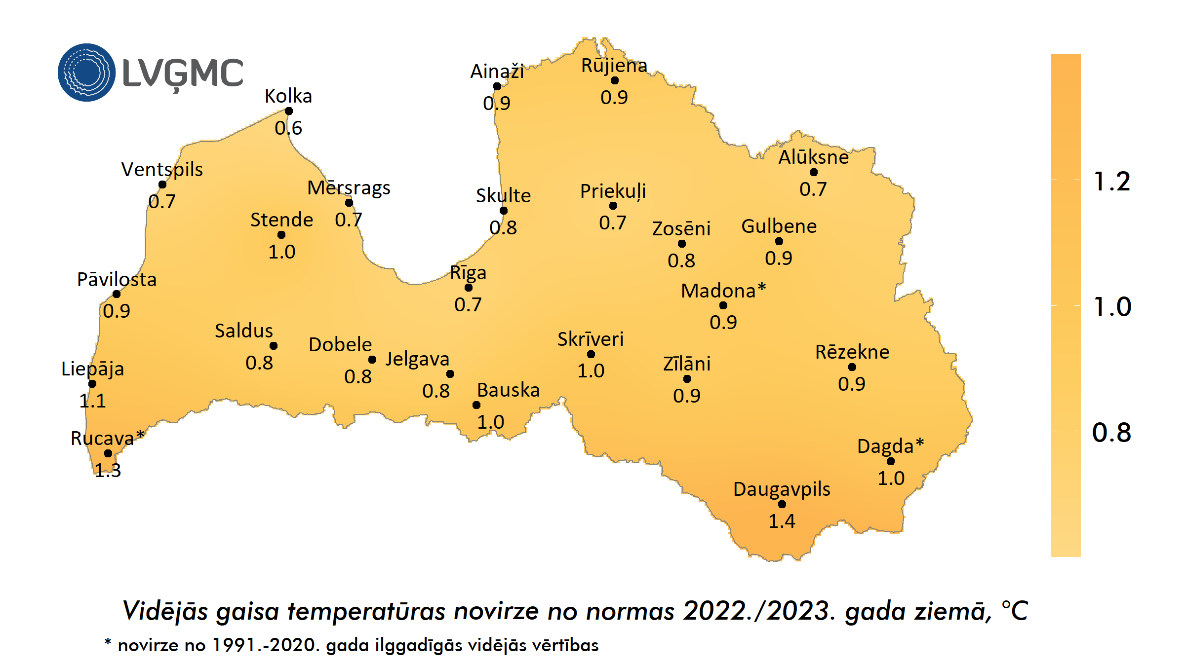 Vidējās gaisa temperatūras novirze no normas 2022./2023. gada ziemā