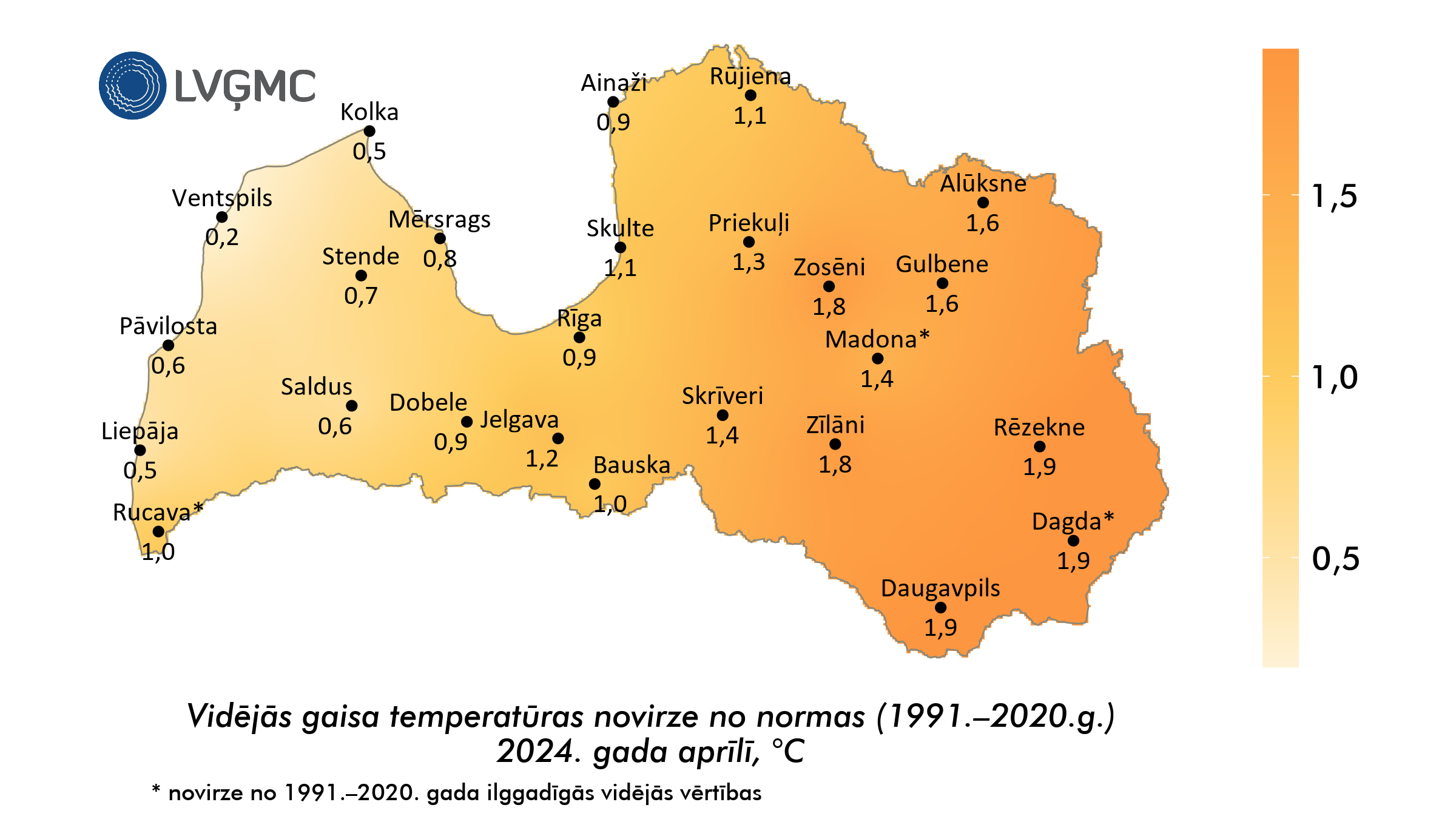Vidējās gaisa temperatūras novirze no normas 2024. gada aprīlī, °C 