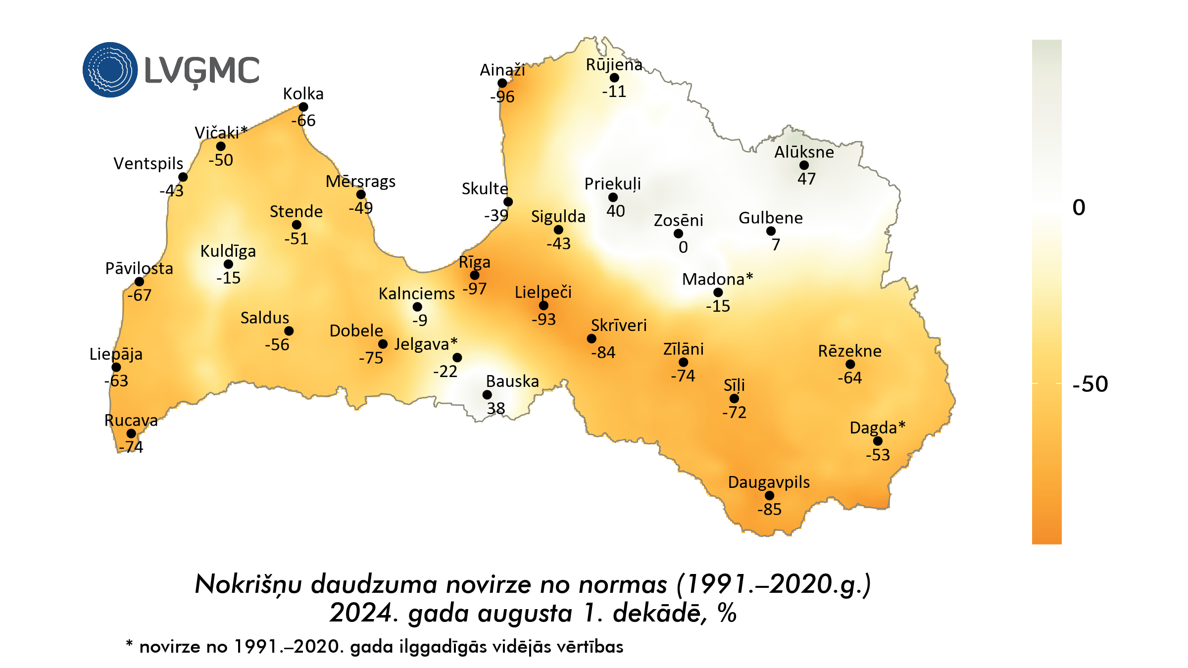 Nokrišņu daudzuma novirze no normas 2024. gada augusta 1. dekādē, %