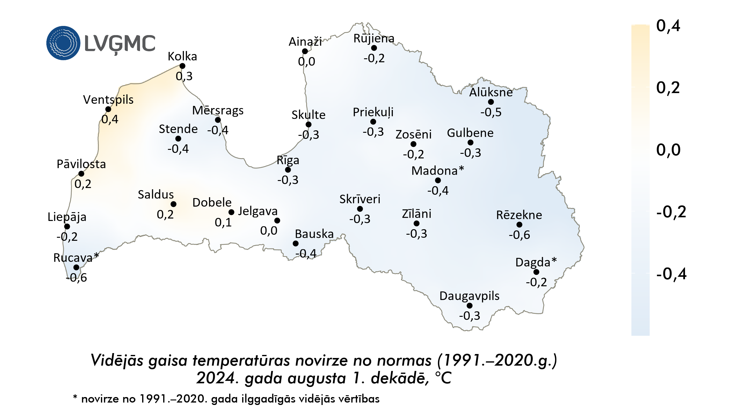 Vidējās gaisa temperatūras novirze no normas 2024. gada augusta 1. dekādē, °C 