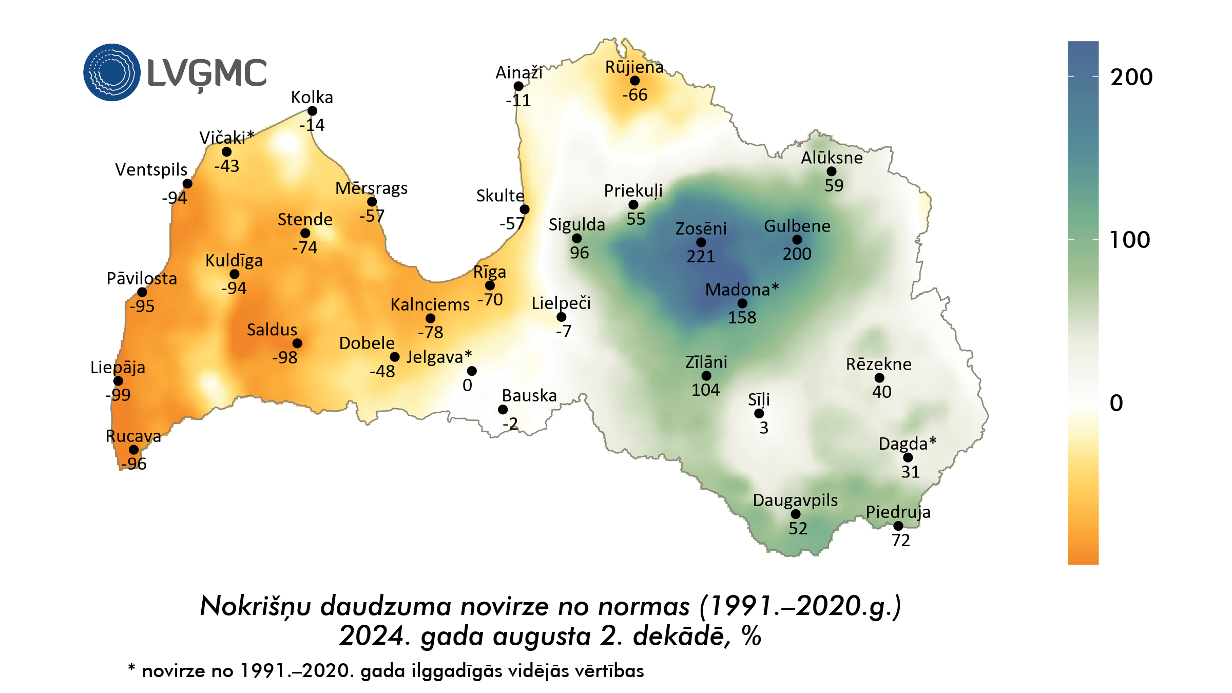 Nokrišņu daudzuma novirze no normas 2024. gada augusta 2. dekādē, %