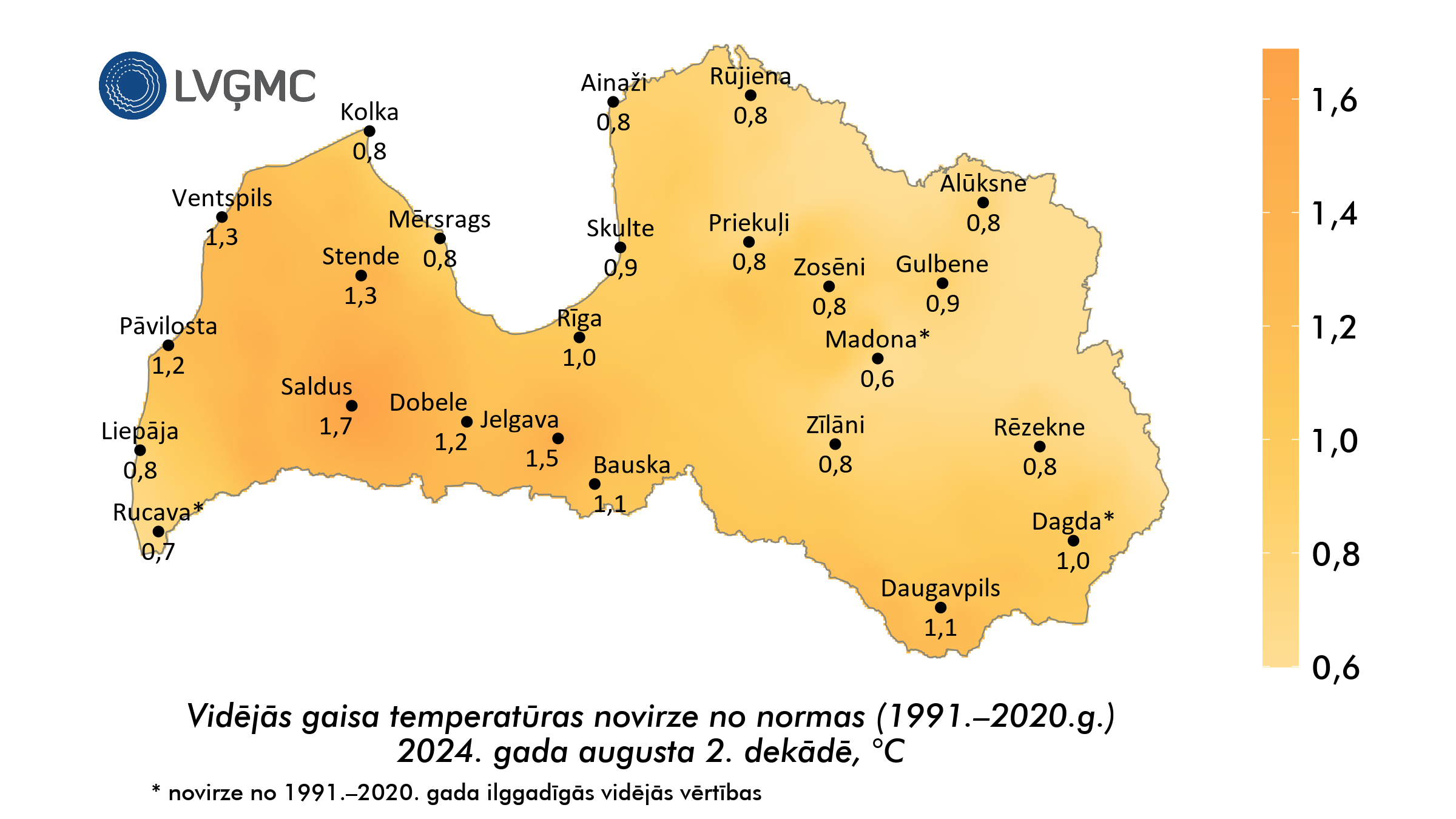 Vidējās gaisa temperatūras novirze no normas 2024. gada augusta 2. dekādē, °C 