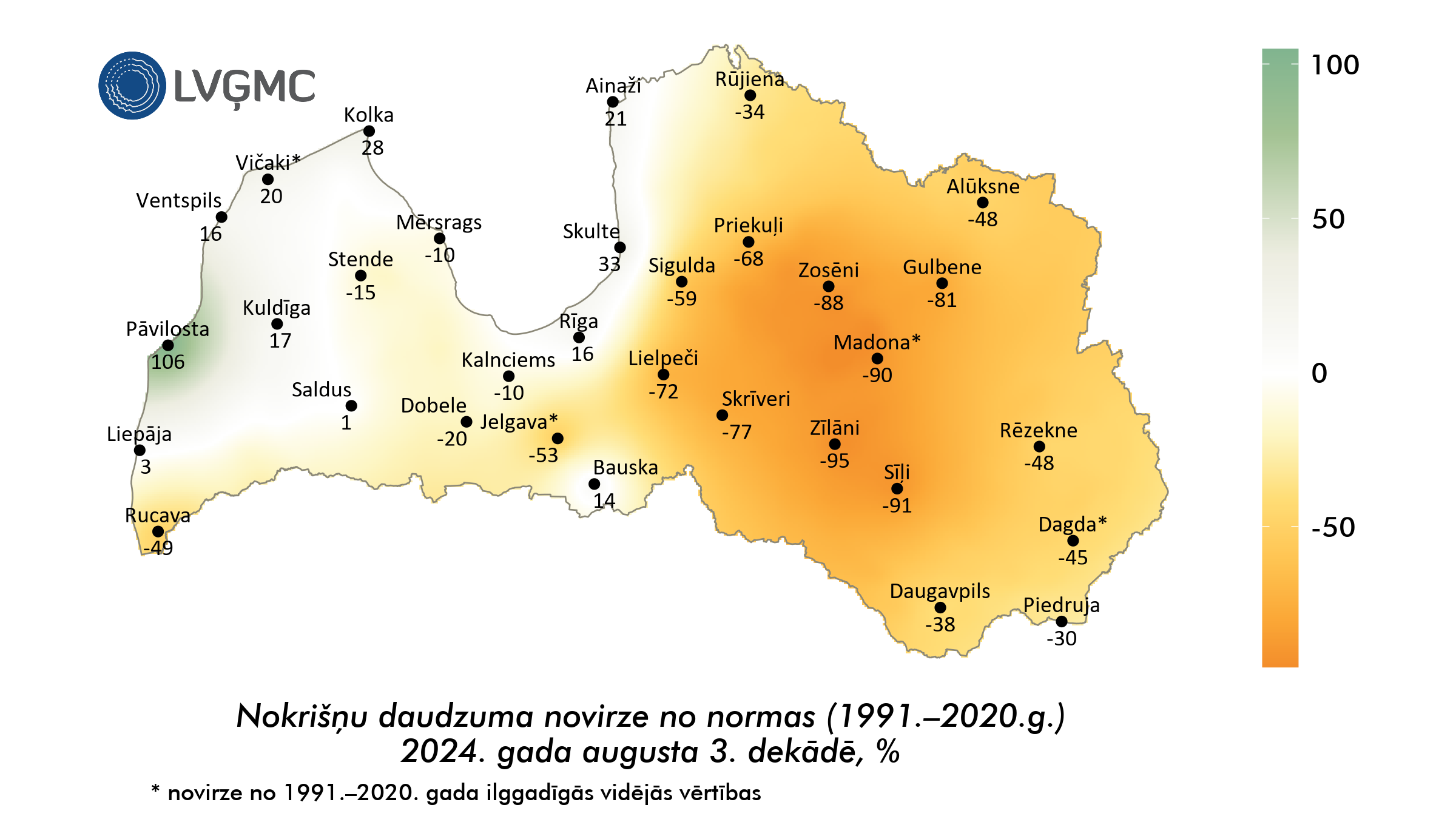 Nokrišņu daudzuma novirze no normas 2024. gada augusta 3. dekādē, %