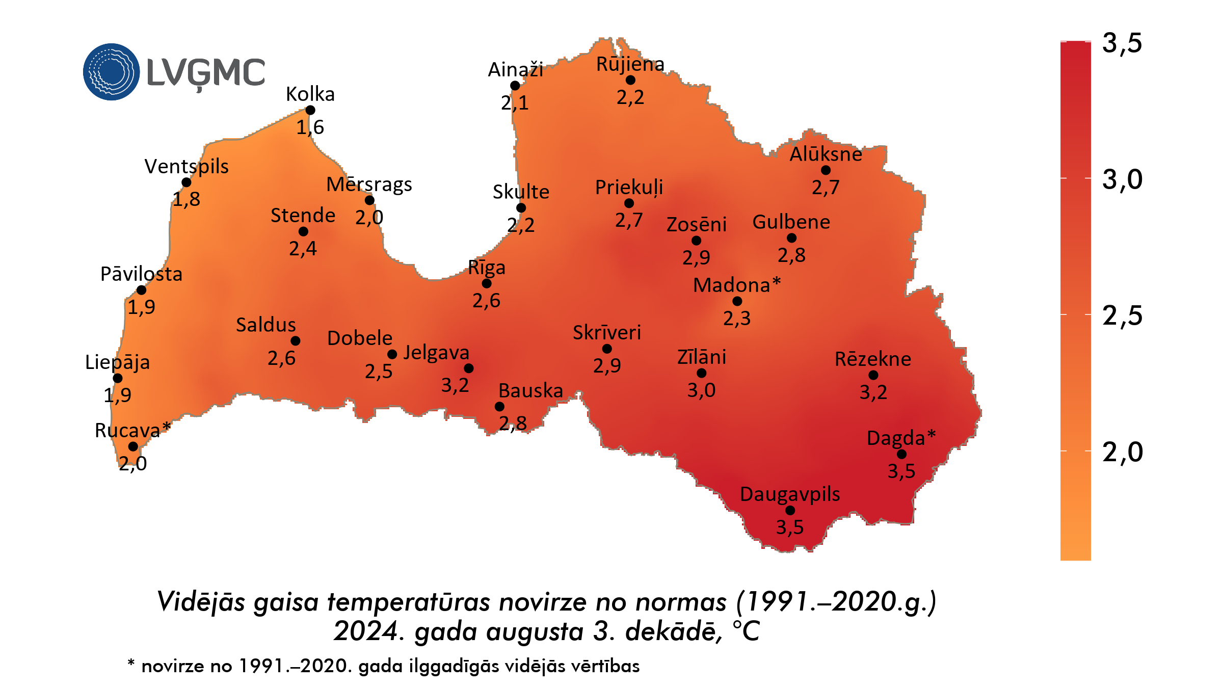 Vidējās gaisa temperatūras novirze no normas 2024. gada augusta 3. dekādē, °C 