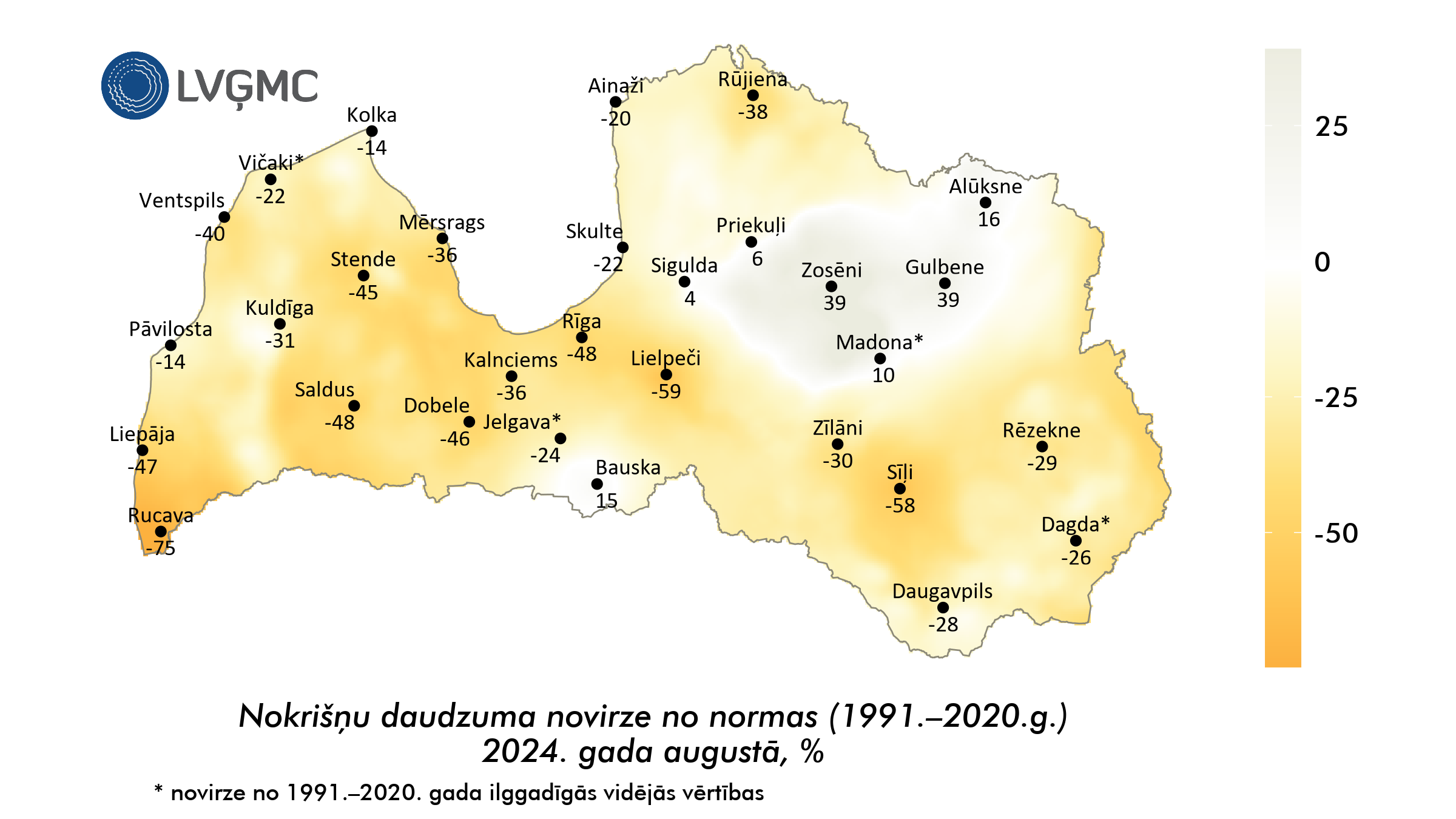 Nokrišņu daudzuma novirze no normas 2024. gada augustā, %