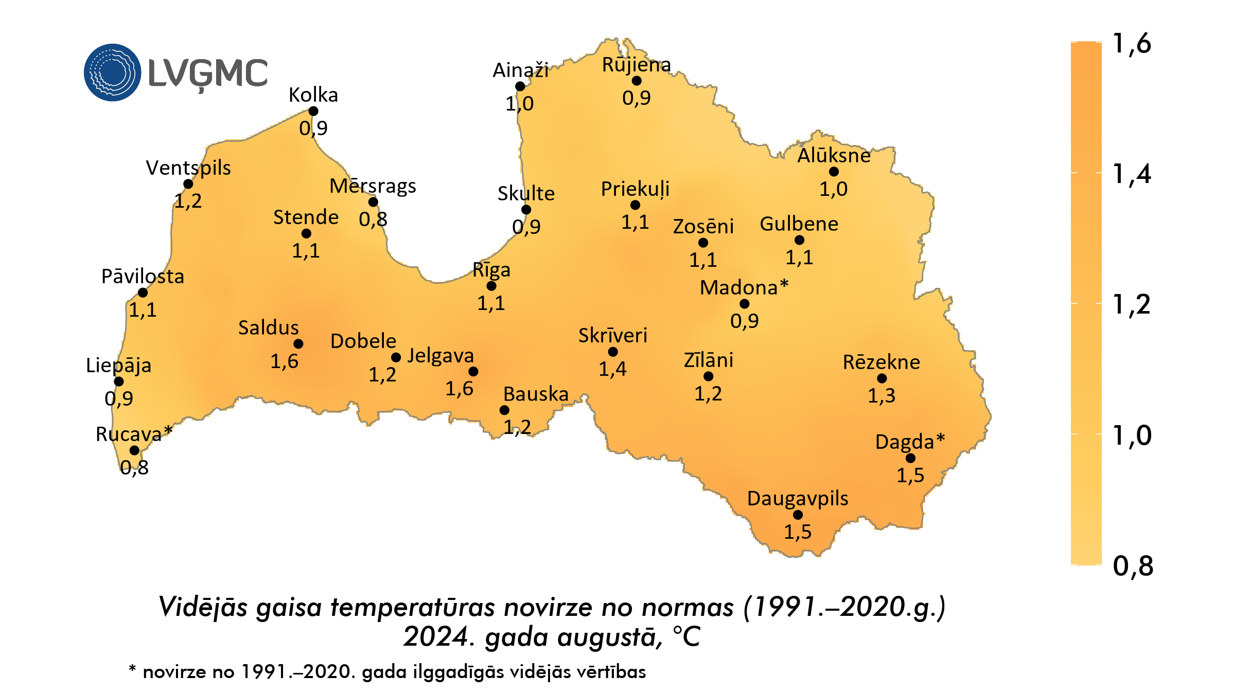 Vidējās gaisa temperatūras novirze no normas 2024. gada augustā, °C 