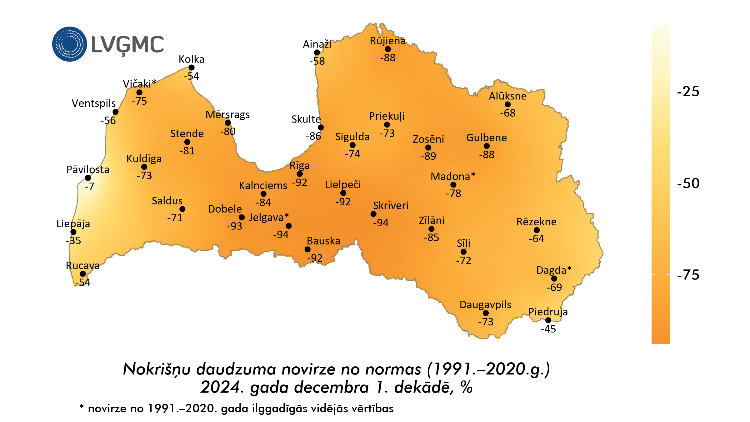 Nokrišņu daudzuma novirze no normas 2024. gada decembra 1. dekādē, %