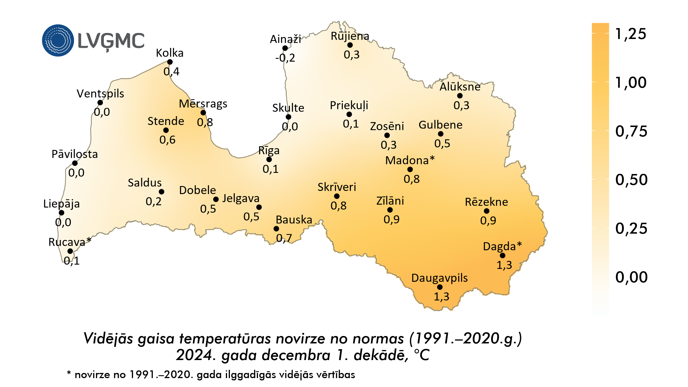 Vidējās gaisa temperatūras novirze no normas 2024. gada decembra 1. dekādē, °C 