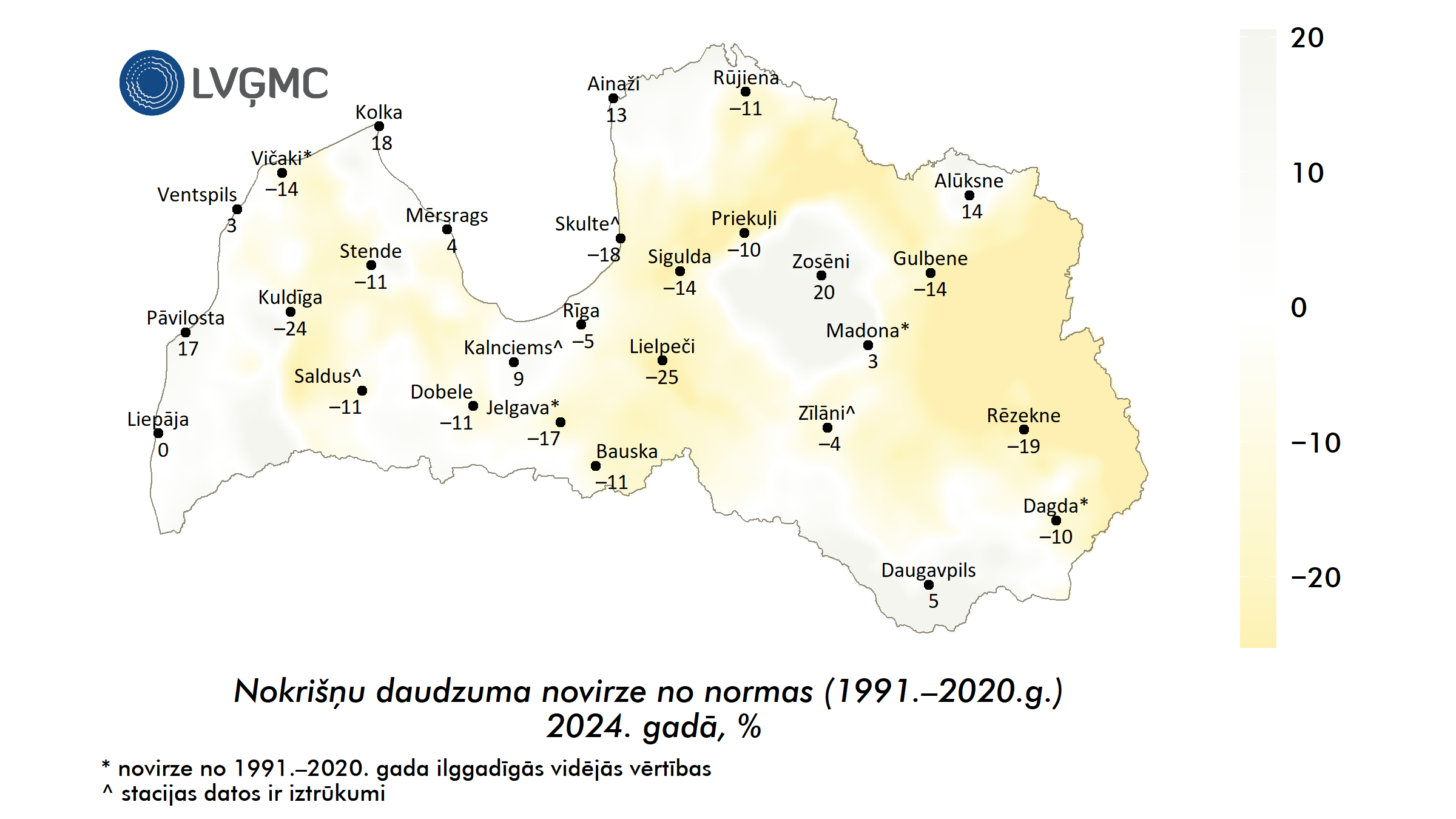 Nokrišņu daudzuma novirze no normas 2024. gadā, %